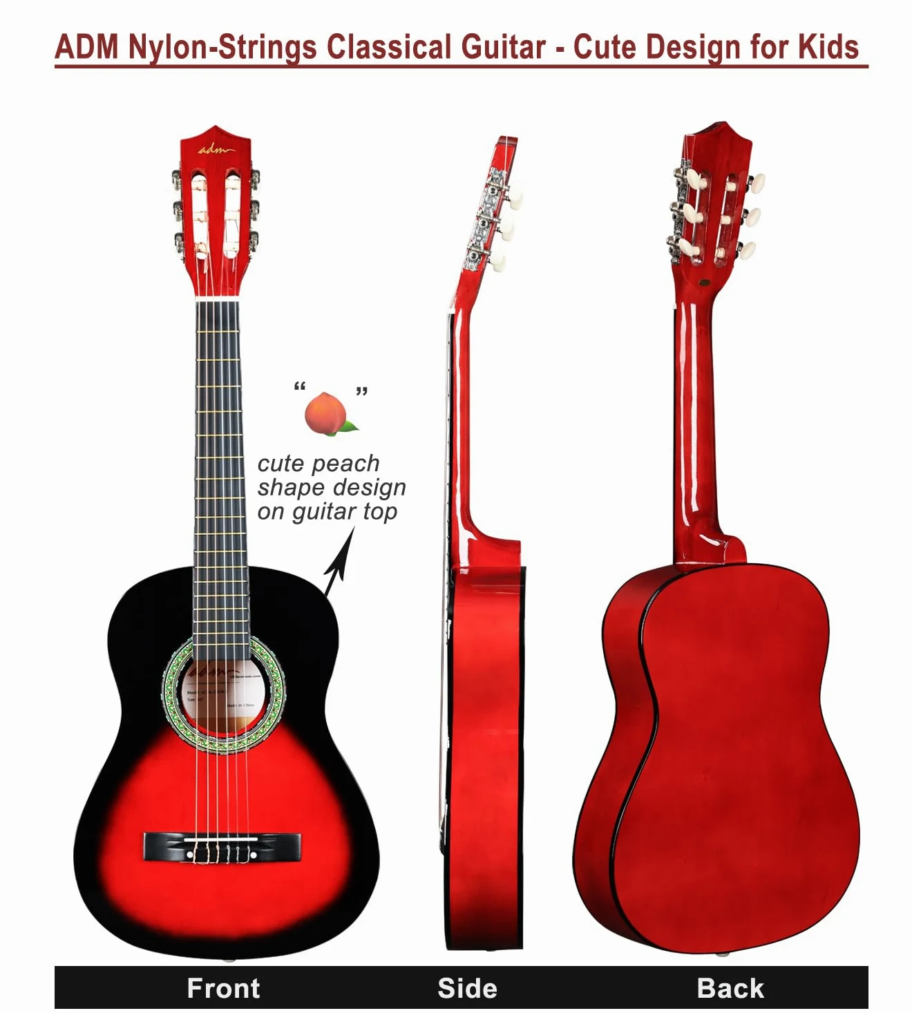 ADM Kit de guitare classique 1/2 pour enfants, 86,4 cm pour débutants avec sac de transport, accordeur à clipser, sangle, médiators, cordes supplémentaires, sac de rangement et chiffon de nettoyage