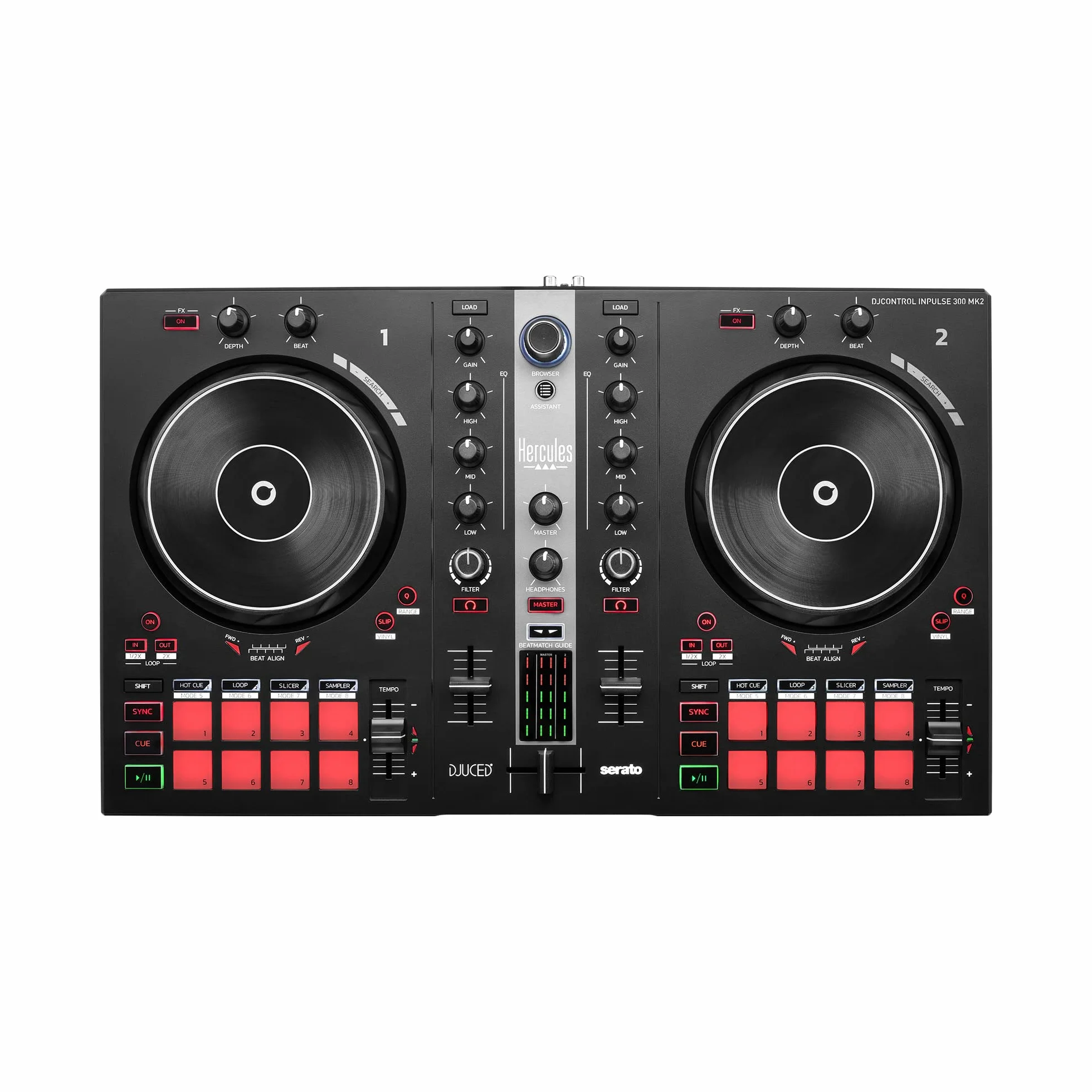 Hercules DJControl Inpulse 300 MK2 – Contrôleur DJ USB 2 Voies pour Débuter – Inclus Serato DJ Lite & DJUCED – Fonction Beatmatch Guide – 16 Pads & Carte Son Intégrée – Noir