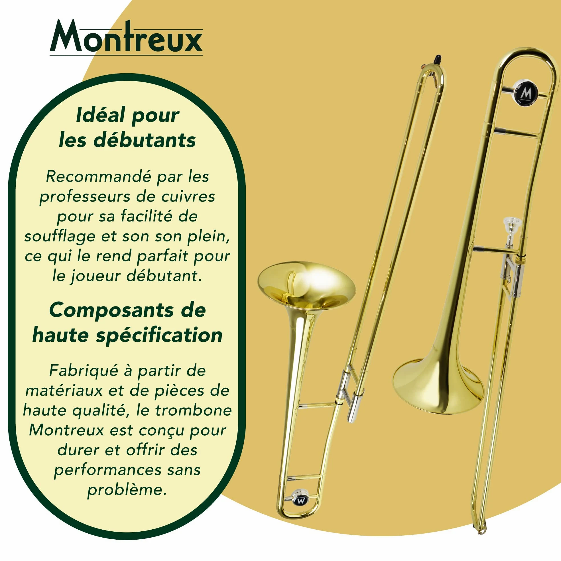 Montreux Student Sib Trombone pour débutants avec étui de protection léger, Embouchure 12C - Laiton laqué, Pavillon 8 pouces / 20 cm, Si bémol