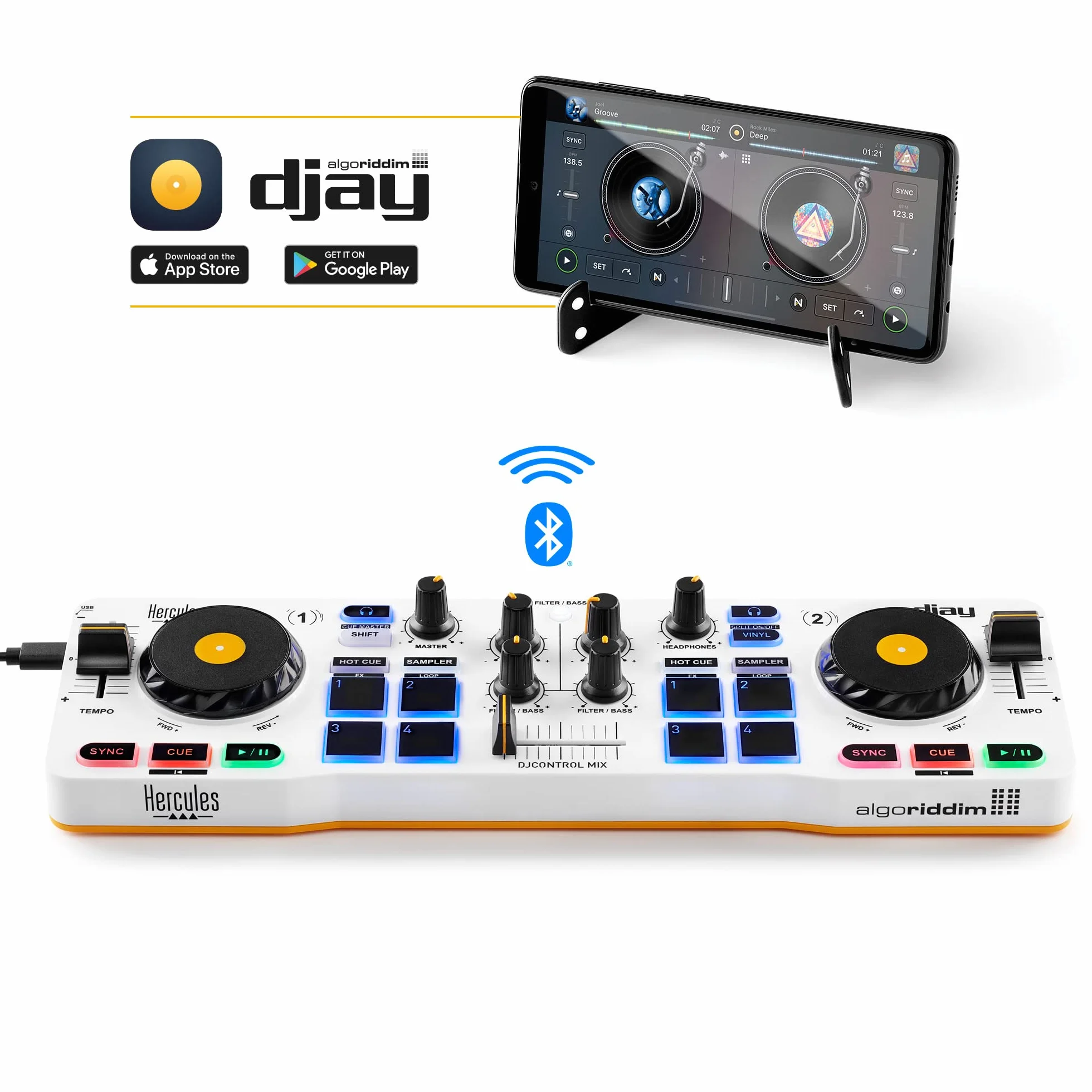 Hercules DJControl Mix – Contrôleur DJ Bluetooth sans fil pour Smartphones (iOS/Android) – Inclus Application djay, Support Mobile et Câble Splitter Audio – Ultra-compact & Portable – Blanc