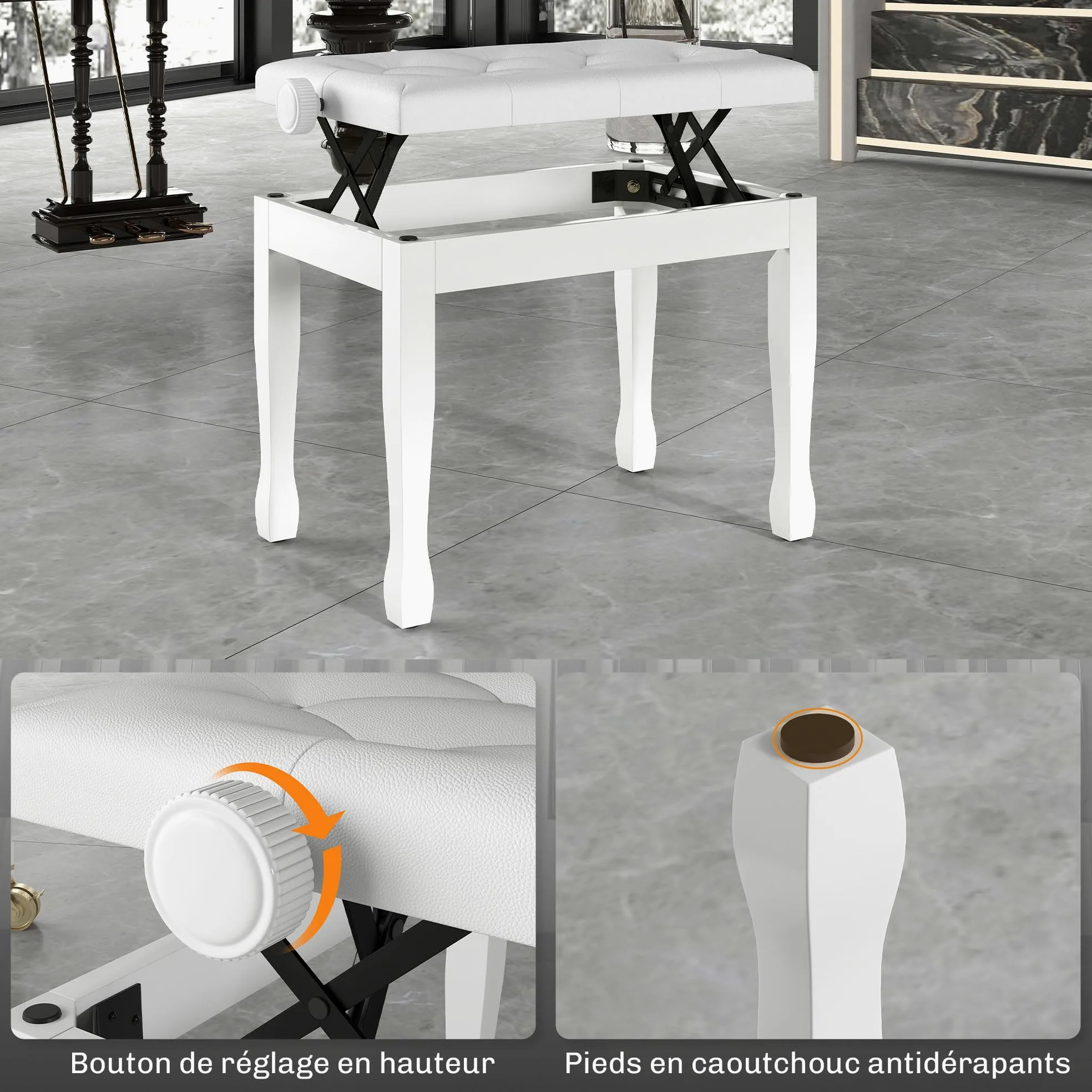 HOMCOM Banc de Piano, Banc de Clavier réglable en Hauteur en Bois Massif, Tabouret Piano avec siège rembourré polyuréthane à 10 Boutons, Stable et antidérapant, Charge 200kg, Blanc
