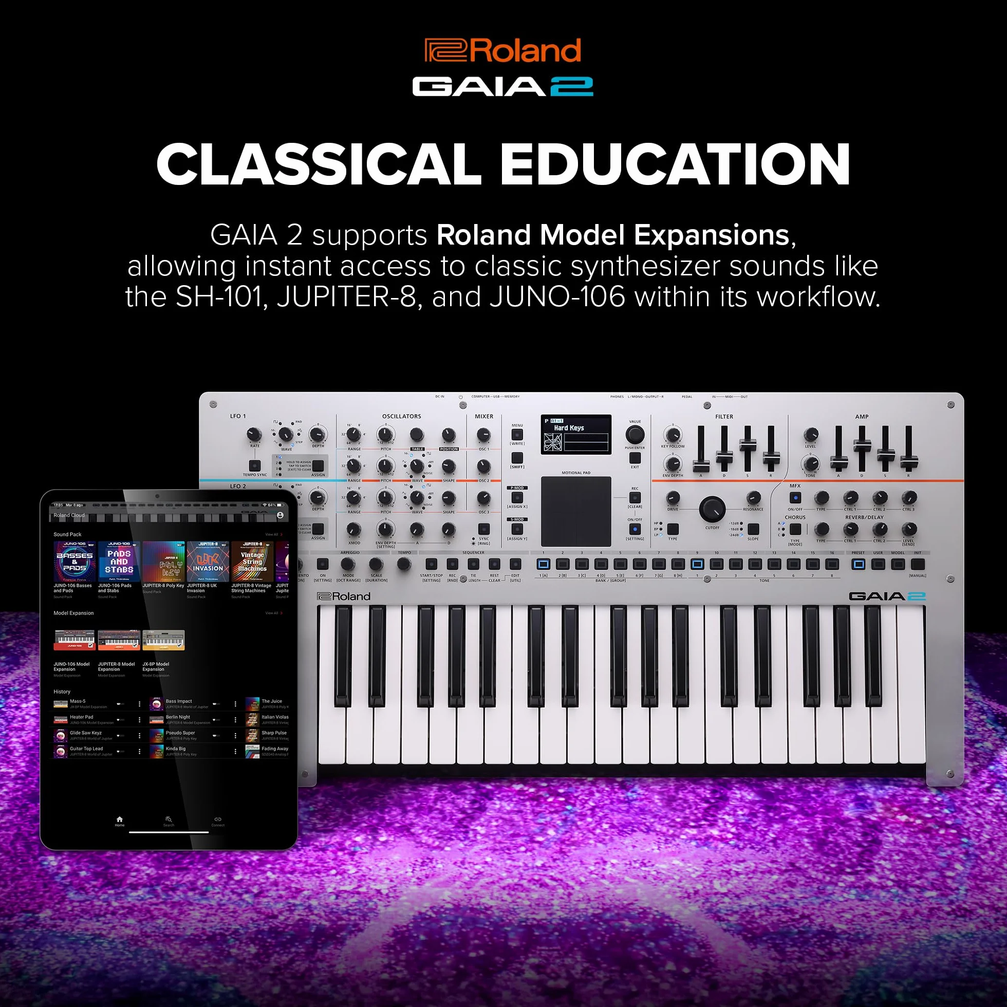 Synthétiseur GAIA 2 Roland au possibilités sonores évoluées | Générateur de sons hybride combinant les synthèses par table d'ondes et analogique virtuelle | Motional Pad intégré