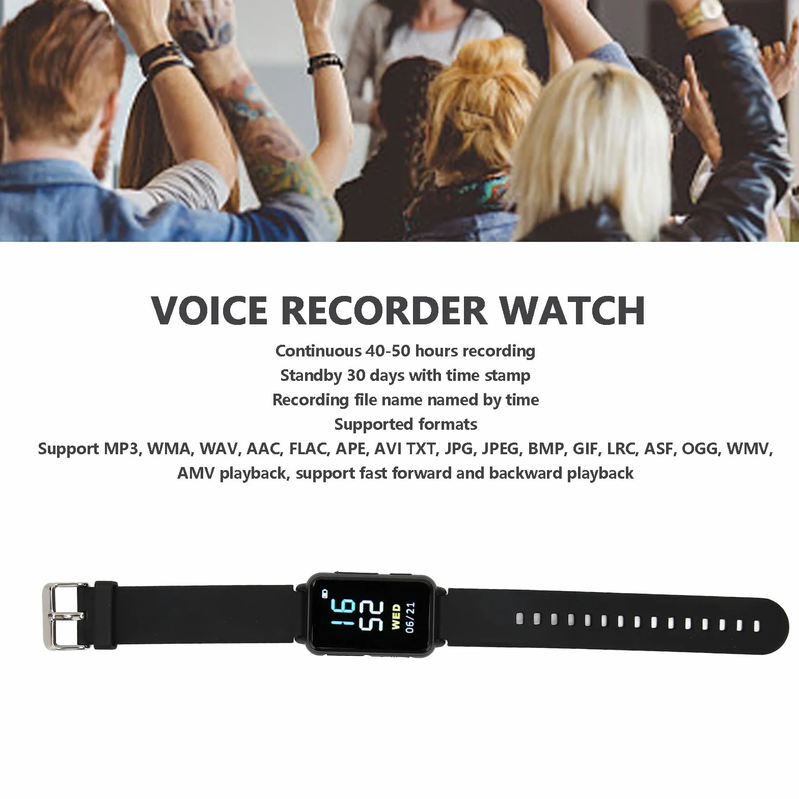 Montre Enregistreur Vocal, Enregistreur activé par la Voix avec 50 Heures de Temps D'enregistrement Continu, Enregistreur MP3 avec Appareil Audio D'enregistrement de (64g)