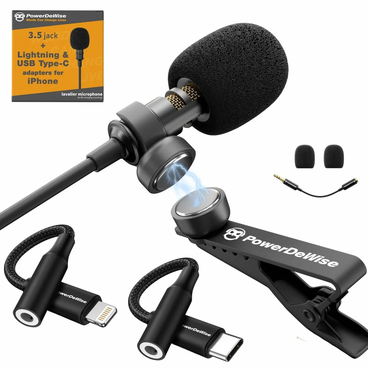 PowerDeWise Professionnelle Lavalier Lapel Microphone Omnidirectionnel avec système Easy Clip on, Micro Cravate Parfait pour l’Enregistrement Youtube/Entrevue/Vidéoconférence/Podcast/Dictée vocale