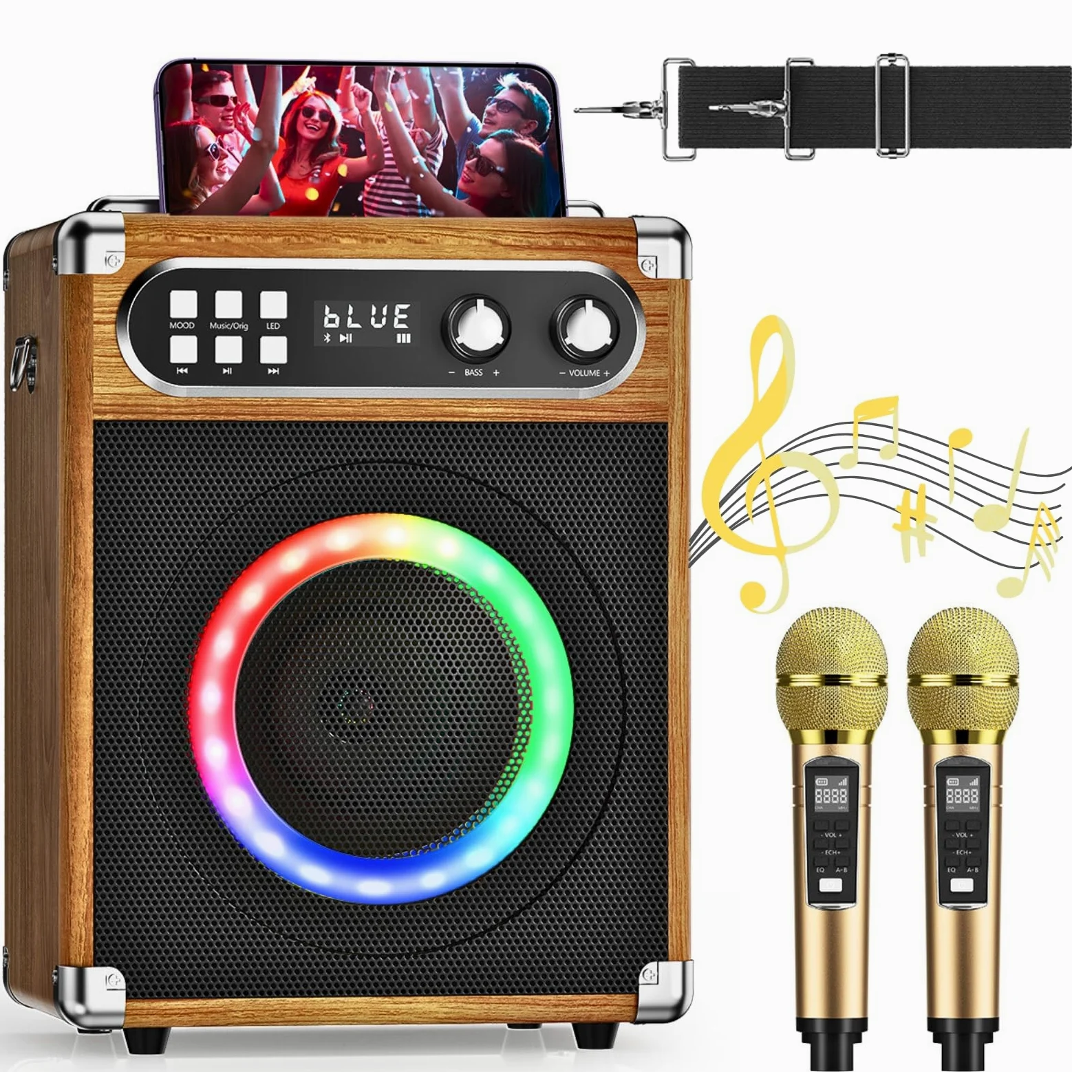 Machine de karaoké Portable, karaoké Professionnel avec 2 Microphones sans Fil UHF, système PA avec Lampe DJ, idéal pour karaoké Familial, fêtes de Chant, fêtes, Mariages (Bois)