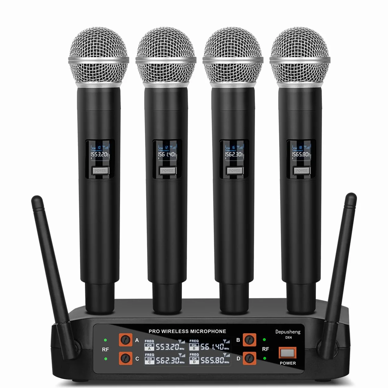Depusheng Système de microphone sans fil, microphone sans fil à 4 canaux, microphone sans fil à fréquence fixe avec 4 microphones à main dynamiques, portée de 50 m, microphones pour la voix