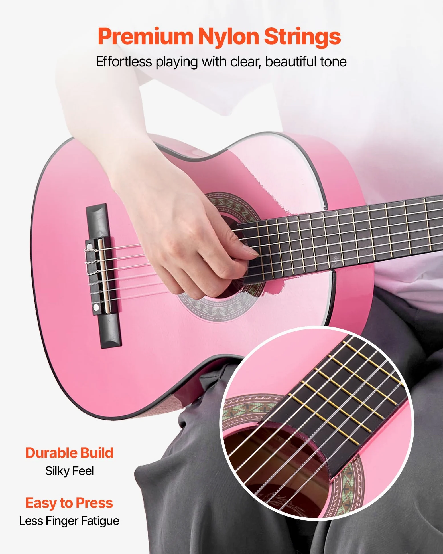 VEVOR Guitare Classique Débutants, 78 cm, avec Cordes en Nylon, Housse de Transport, Sangle, Accordeur, Cordes Supplémentaires, Médiators, Capodastre, en Tilleul, pour Jeunes Enfants Musiciens, Rose