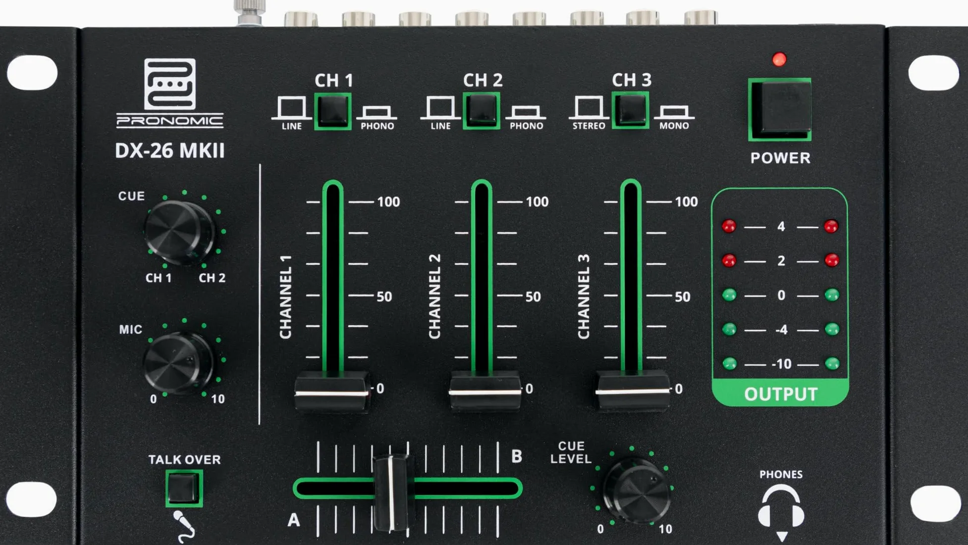 Pronomic DX-26 MKII DJ-Mixer - Mixeur 3 canaux avec fonction Cue - 2x canal Line/Phono - Entrées micro et casque