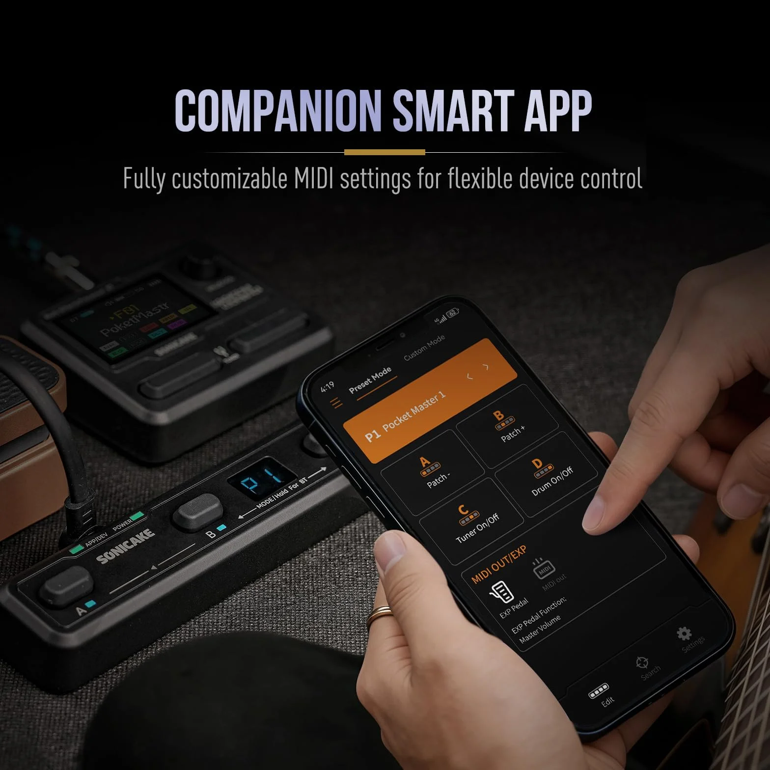 SONICAKE Contrôleur MIDI sans Fil 4 Boutons Contrôle via Application BT Pocket Control (Noir)