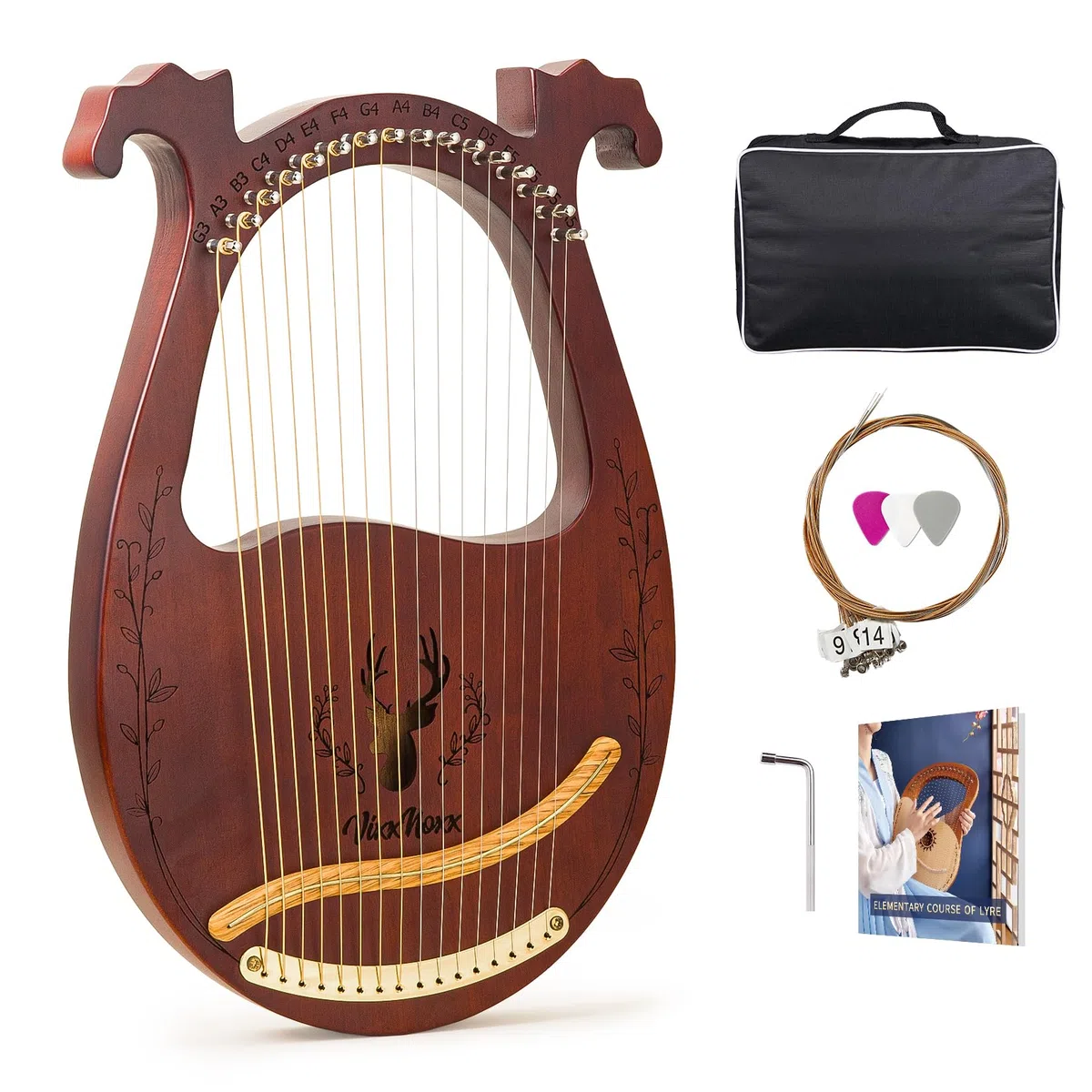 Lyre Harpe 16 cordes en Métal Lyre Instrument de Musique en Acajou avec Clé d'accordage Cordes de Rechange Livre de Musique en Englais Portable Sac, Harp pour Adultes Enfants Débutants