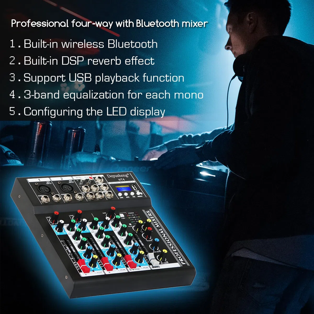 Depusheng HT4 Professional 4 canaux USB Jack mélangeur audio portable Bluetooth Live Studio Audio DJ Console de mixage sonore pour l'enregistrement sur ordinateur, bandes