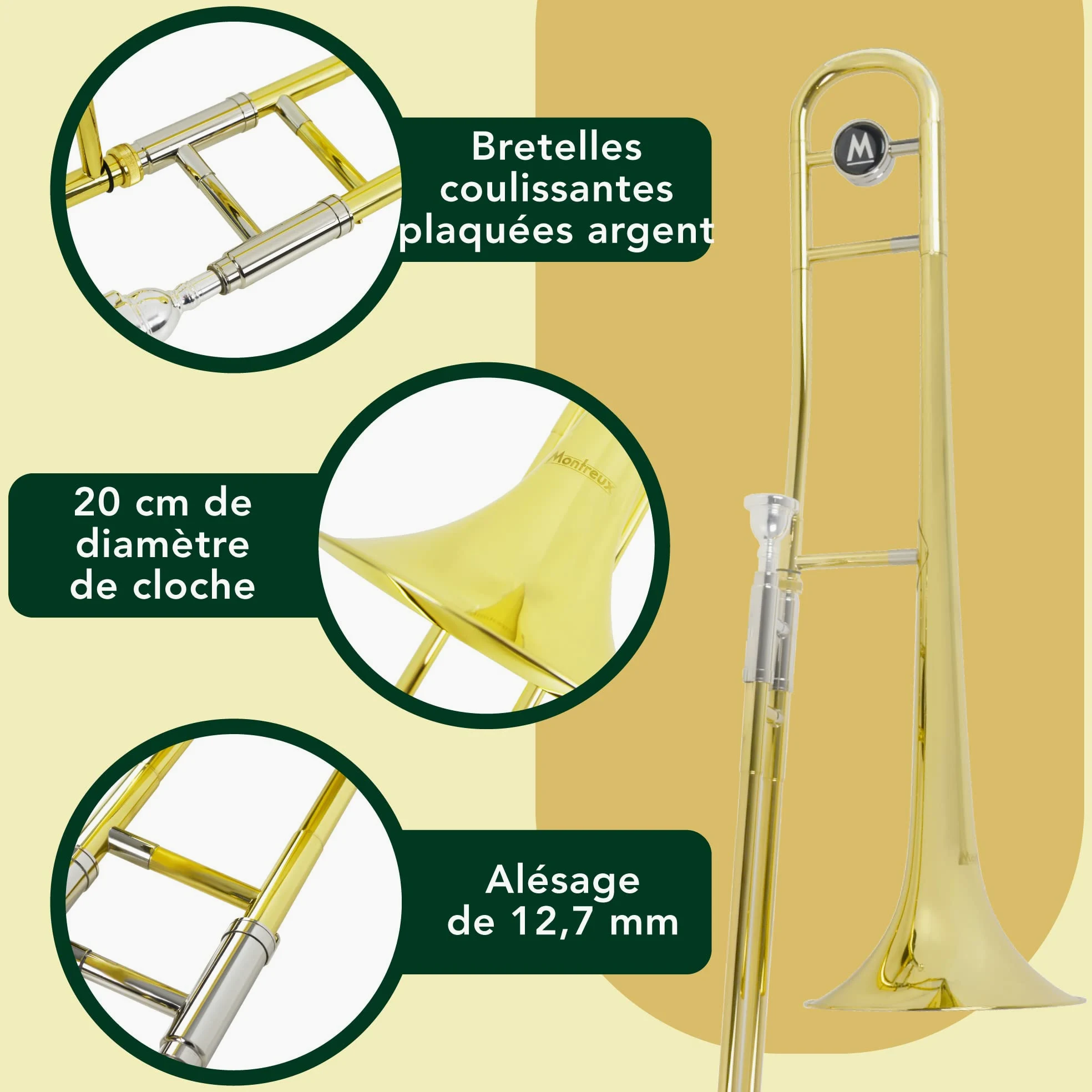 Montreux Student Sib Trombone pour débutants avec étui de protection léger, Embouchure 12C - Laiton laqué, Pavillon 8 pouces / 20 cm, Si bémol