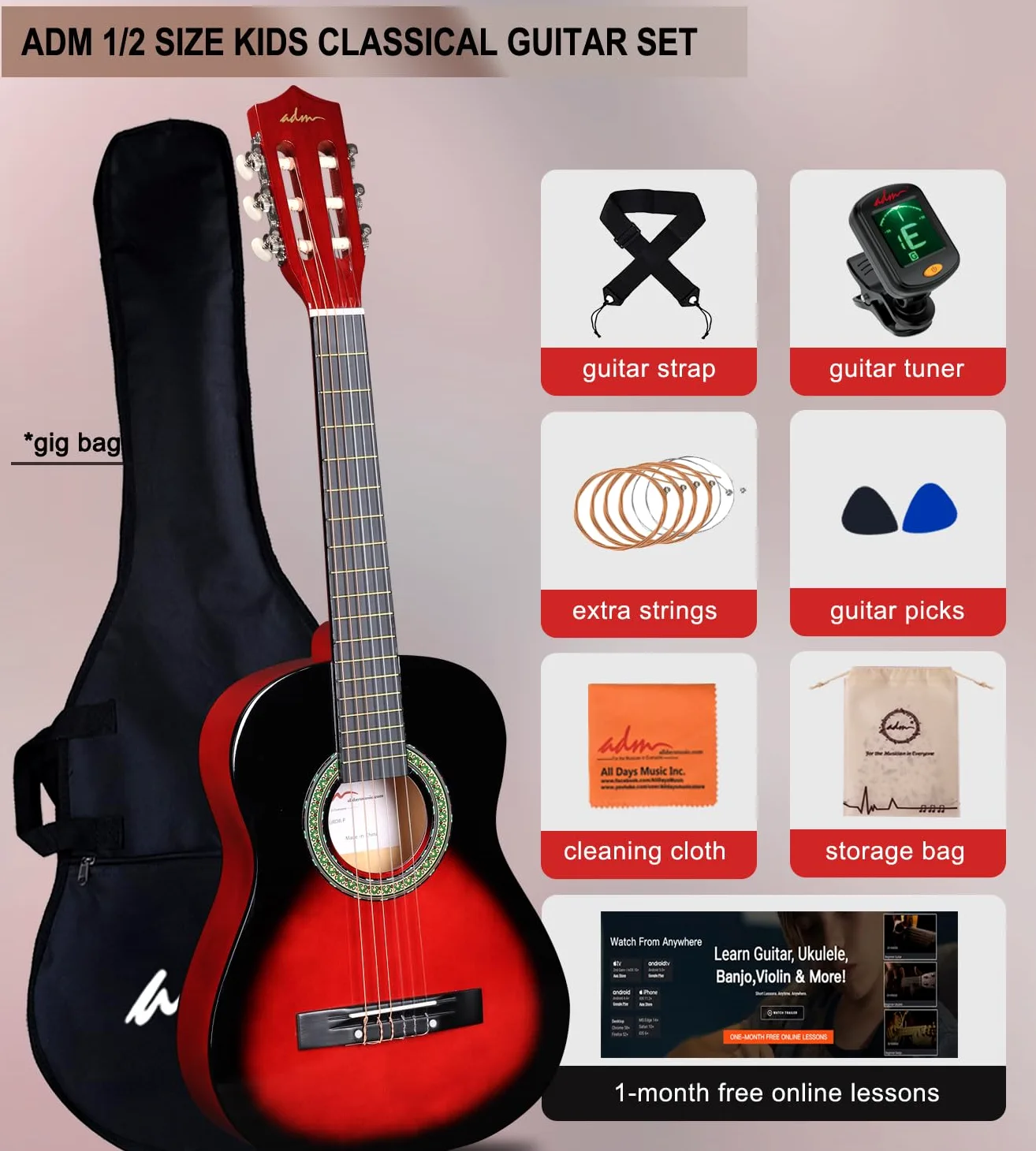 ADM Kit de guitare classique 1/2 pour enfants, 86,4 cm pour débutants avec sac de transport, accordeur à clipser, sangle, médiators, cordes supplémentaires, sac de rangement et chiffon de nettoyage