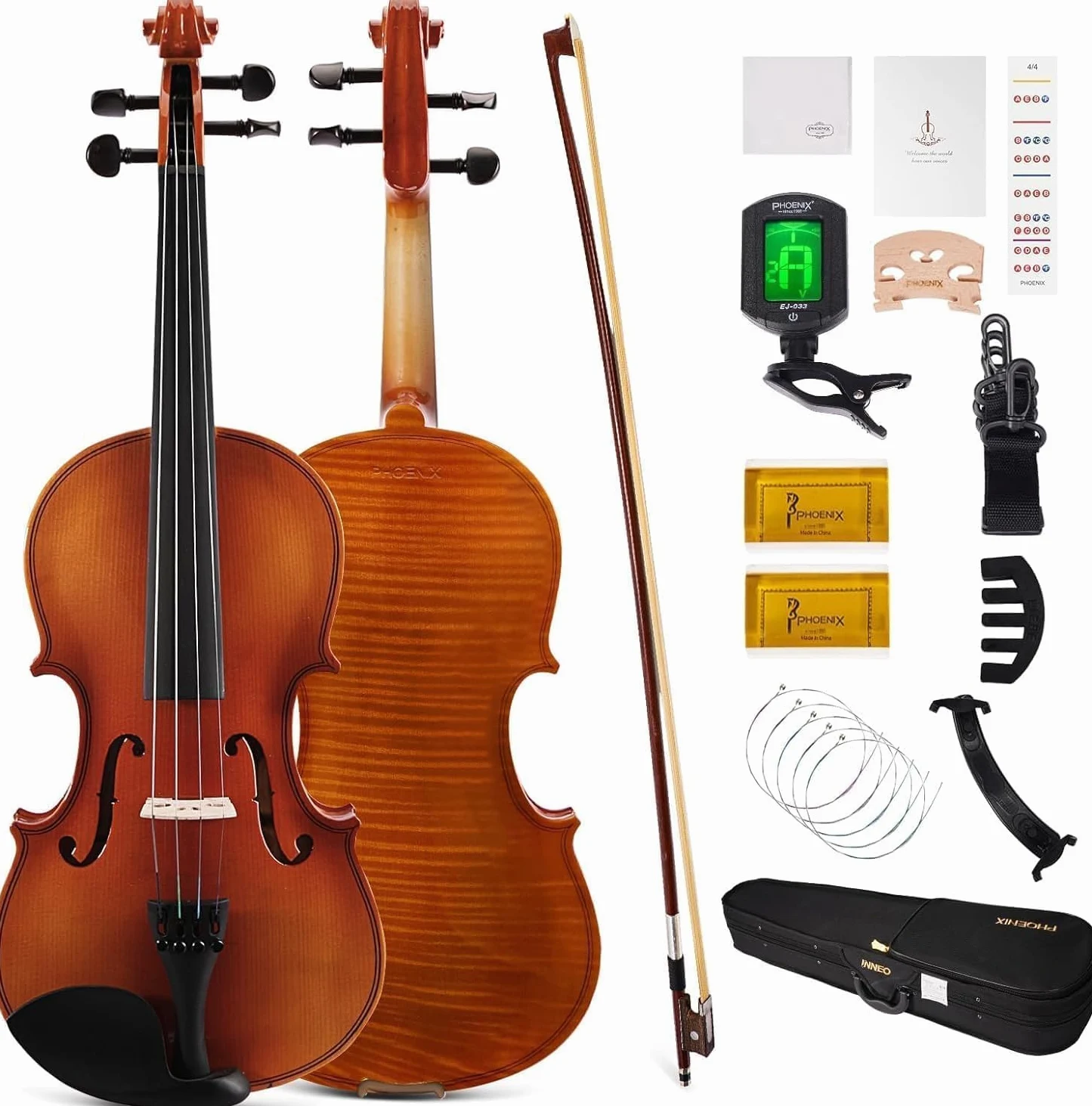 PHOENIX Violon 4/4 adulte Kit complet pour, Ensemble de Violon Pour Débutants Adultes Avec archet En Bois de Rose, Cordes et Chevalet Supplémentaires,Une Série D'accessoires (Plywood, Full)