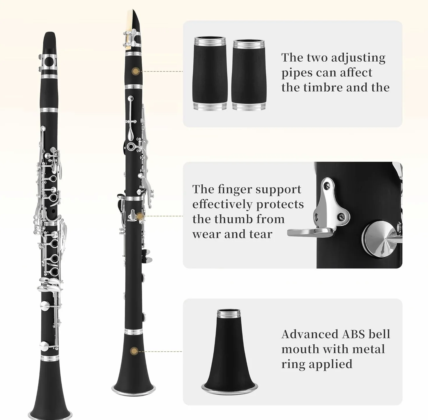Clarinette Sib, Clarinet 17 Clés en Nickel pour Débutants, Clarinette si Bémol Professionnel ABS avec Étui Rigide, Chiffon de Nettoyage, Gants, Tournevis, Noir