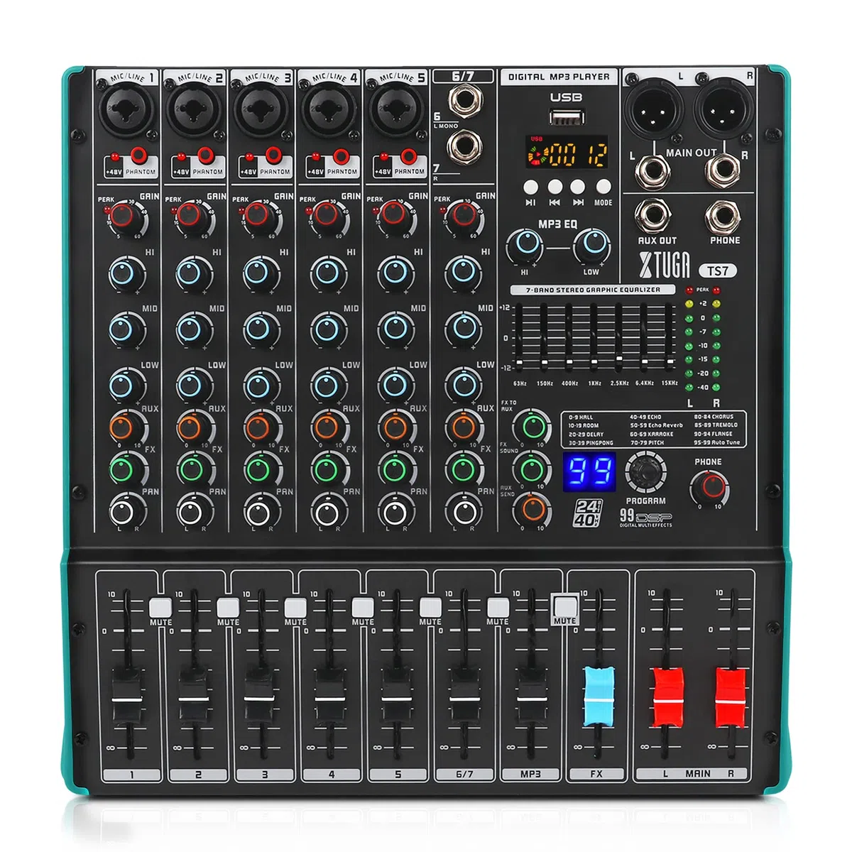 XTUGA Table de Mixage Mixeur Audio 7 Pistes, 99 Effets DSP, Alimentation Fantôme 48V Indépendante et Bouton Mute, Bluetooth, Interface USB d'enregistrement Pour Studio DJ Scène (TS7)