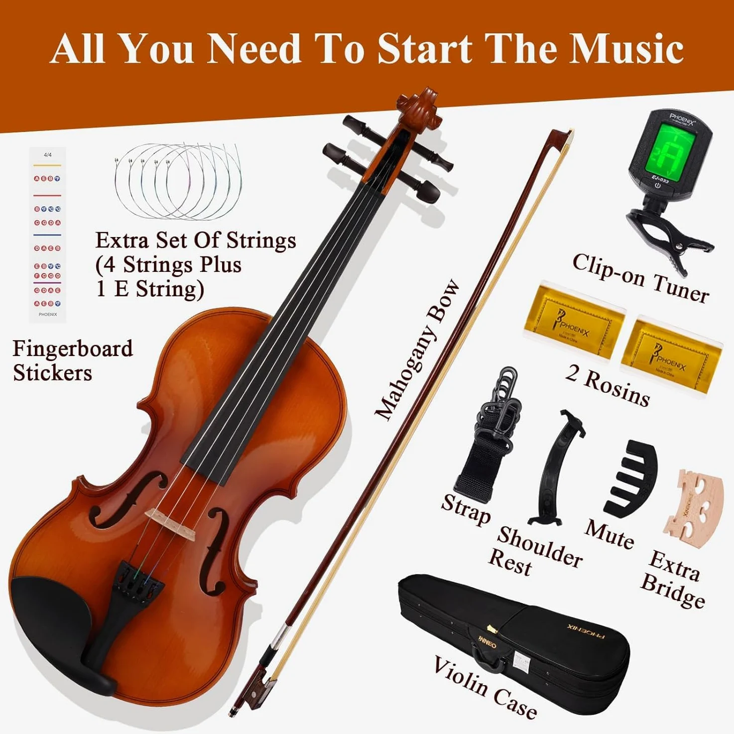 PHOENIX Violon 4/4 adulte Kit complet pour, Ensemble de Violon Pour Débutants Adultes Avec archet En Bois de Rose, Cordes et Chevalet Supplémentaires,Une Série D'accessoires (Plywood, Full)