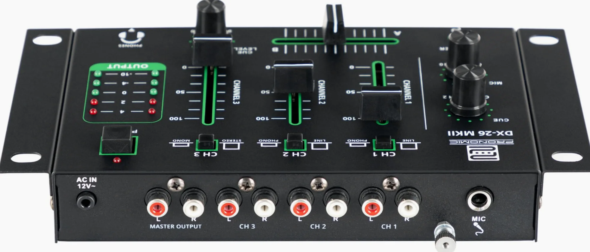 Pronomic DX-26 MKII DJ-Mixer - Mixeur 3 canaux avec fonction Cue - 2x canal Line/Phono - Entrées micro et casque