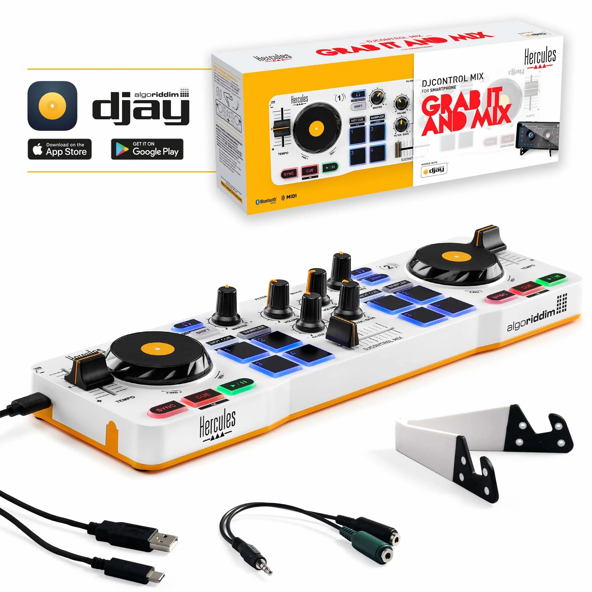 Hercules DJControl Mix – Contrôleur DJ Bluetooth sans fil pour Smartphones (iOS/Android) – Inclus Application djay, Support Mobile et Câble Splitter Audio – Ultra-compact & Portable – Blanc