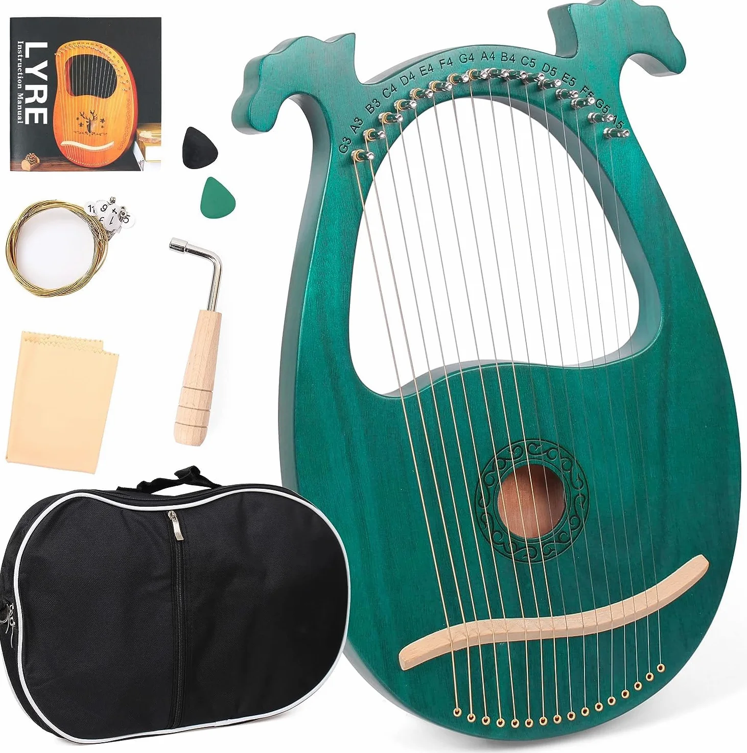 Lyre Harpe 16 Cordes Métalliques en Acajou Petite Harpe Portable Harpe Lyre Métal Selle avec Clé de Réglage et Housse Noire, Vert, Bois de Cerf