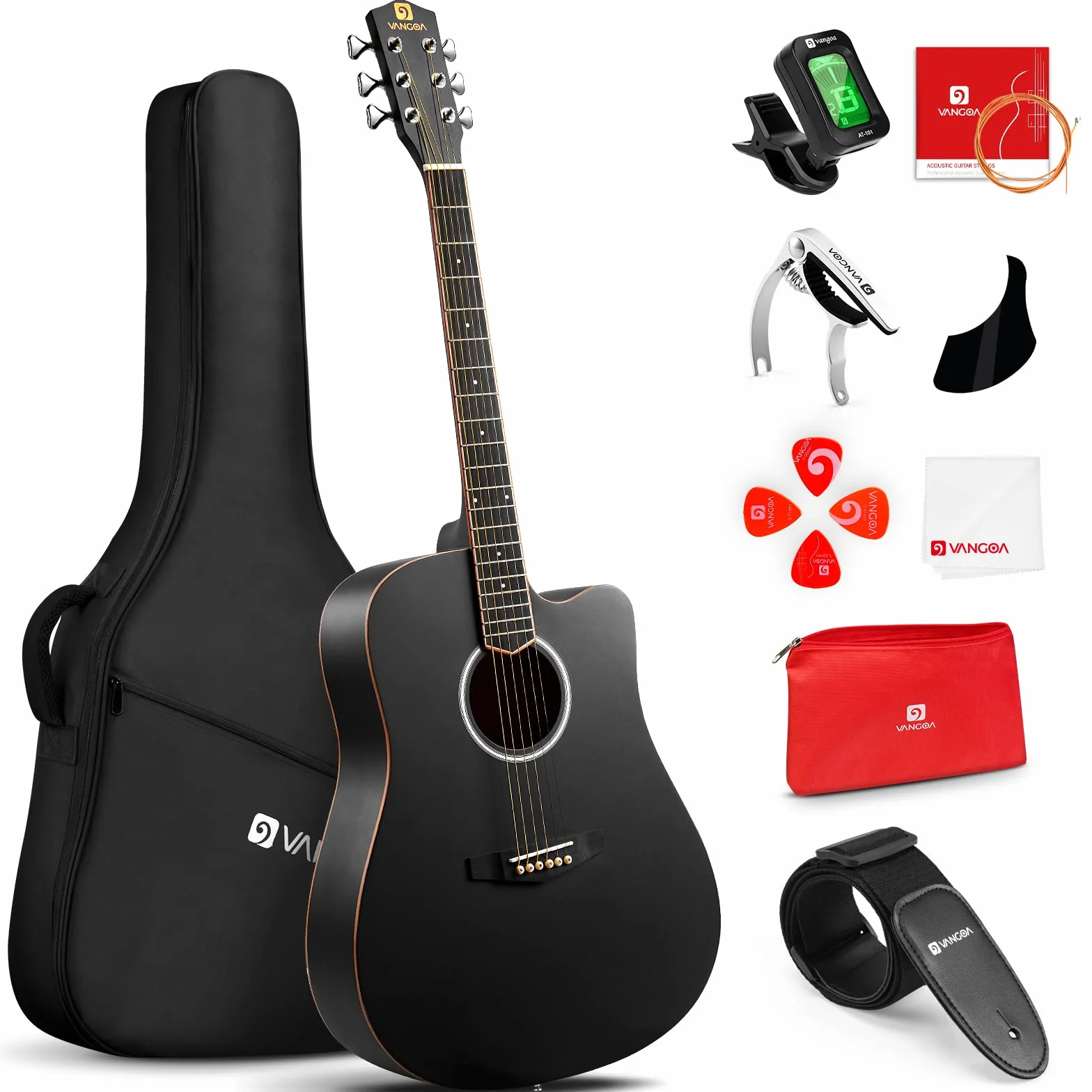 Vangoa 4/4 Guitare Acoustique Adulte Kit de Guitare Folk Country Cutaway Guitar 41 pouces pour Débutant Adulte Adolescent, Dreadnought, Noir