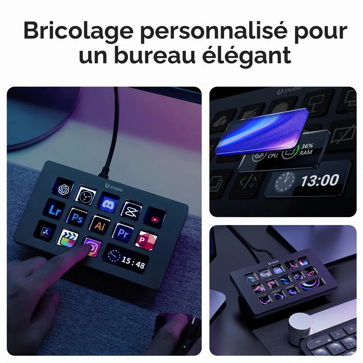 ULANZI D200H 7-en-1 U-Studio Contrôleur de Streaming,Avec 14 touches LCD et 13 touches macro,Permettant de déclencher des actions sur des plateformes telles que OBS,Twitch et YouTube,Compatible Mac/PC