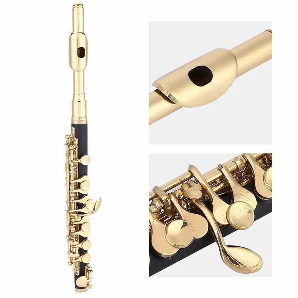 Kit D'instruments Piccolo, 2 Couleurs Piccolo Demi-taille Flûte C tonalité avec Boîte Rembourrée pour étudiants Débutants (Or)