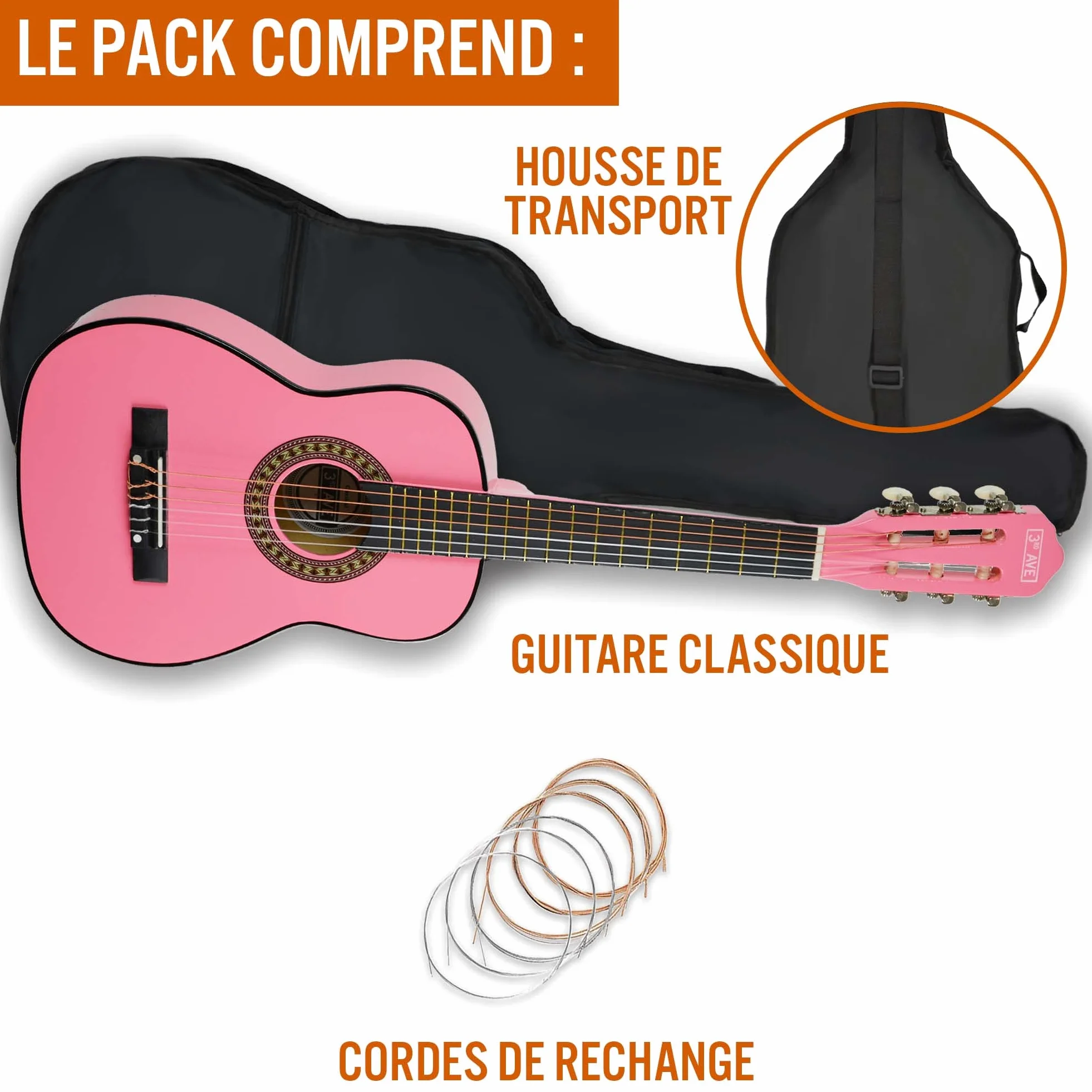 3rd Avenue Guitare Classique Pour Enfants Taille 1/4 Avec Cordes En Nylon Espagnol Pour Débutant - 6 Mois De Cours Gratuits, Sac, Cordes - Rose