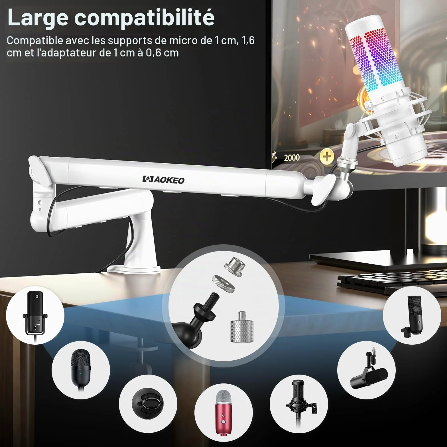 Aokeo AK-55 Bras de microphone réglable pour bureau - Convient pour Blue Yeti, Snowball iCE, HyperX QuadCast, SoloCast, Elgato Wave, etc