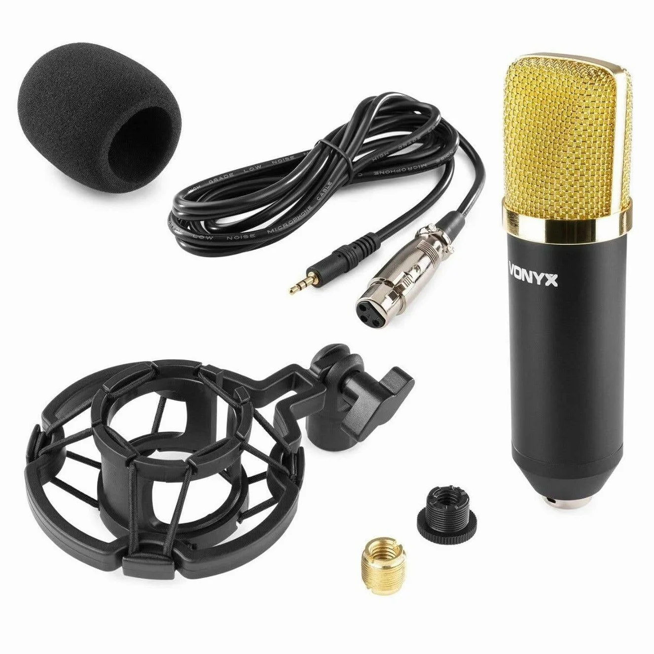 VONYX CM400 Microphone à Condensateur Noir et Or - Microphone de Studio, Grand Diaphragme, pour Chant et Instruments, Faible Distorsion, SPL Élevé, Prise Jack 3,5mm, Idéal pour Studio et Streamer