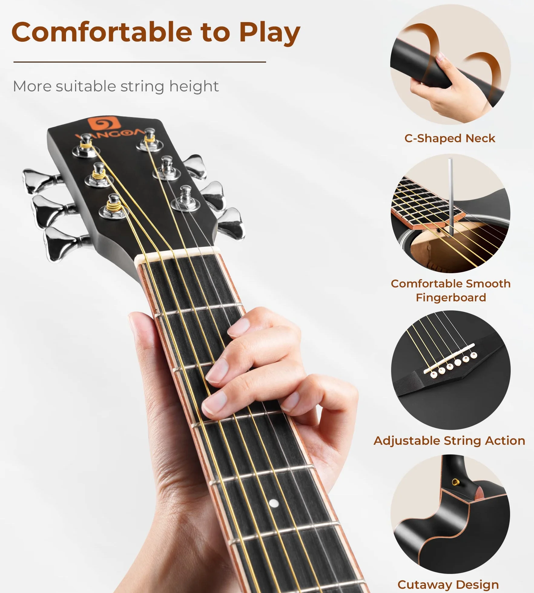 Vangoa 4/4 Guitare Acoustique Adulte Kit de Guitare Folk Country Cutaway Guitar 41 pouces pour Débutant Adulte Adolescent, Dreadnought, Noir