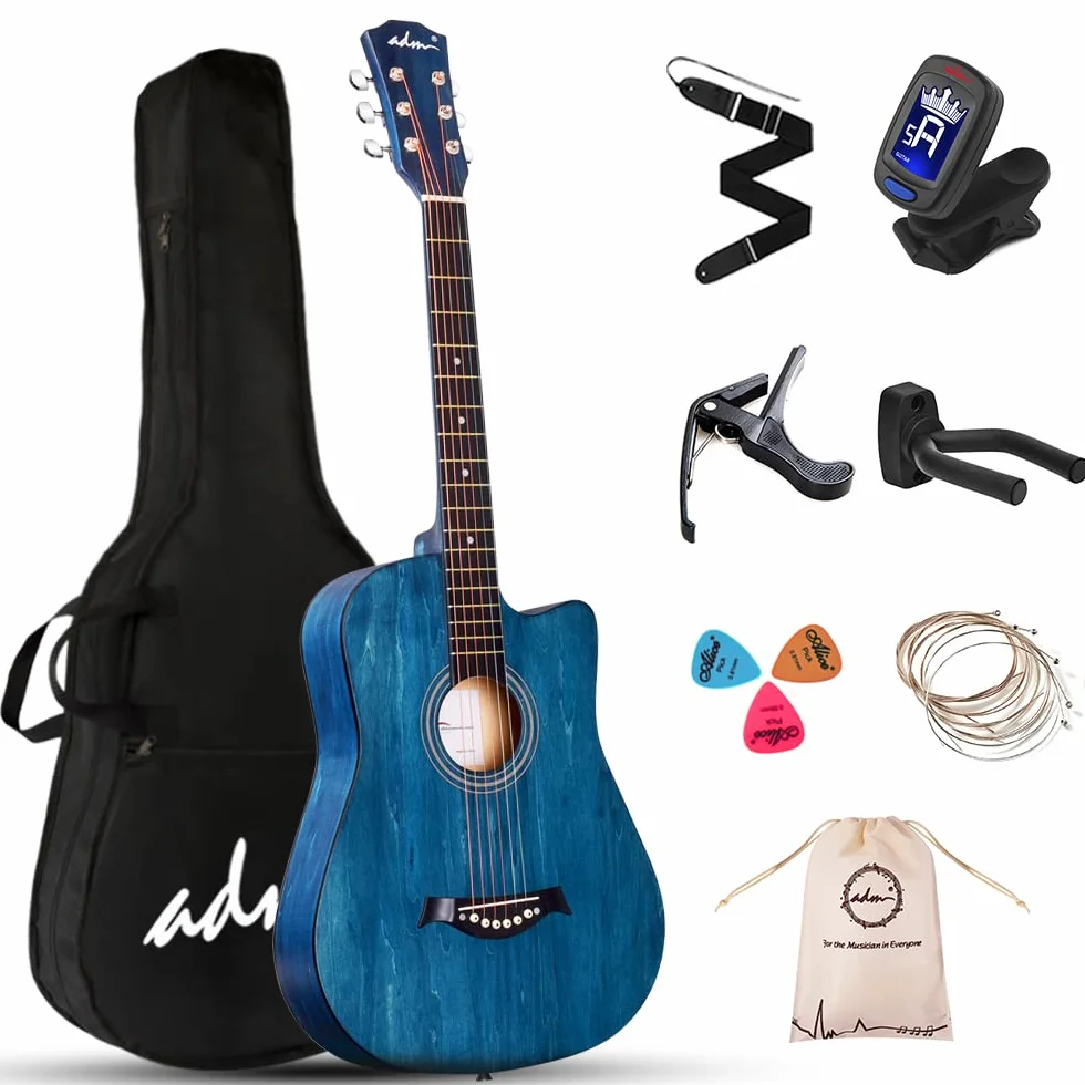 ADM Guitare acoustique 38 Pouces pour Débutant, guitare folk bleue pour enfants, étudiants, adultes (corde en acier)