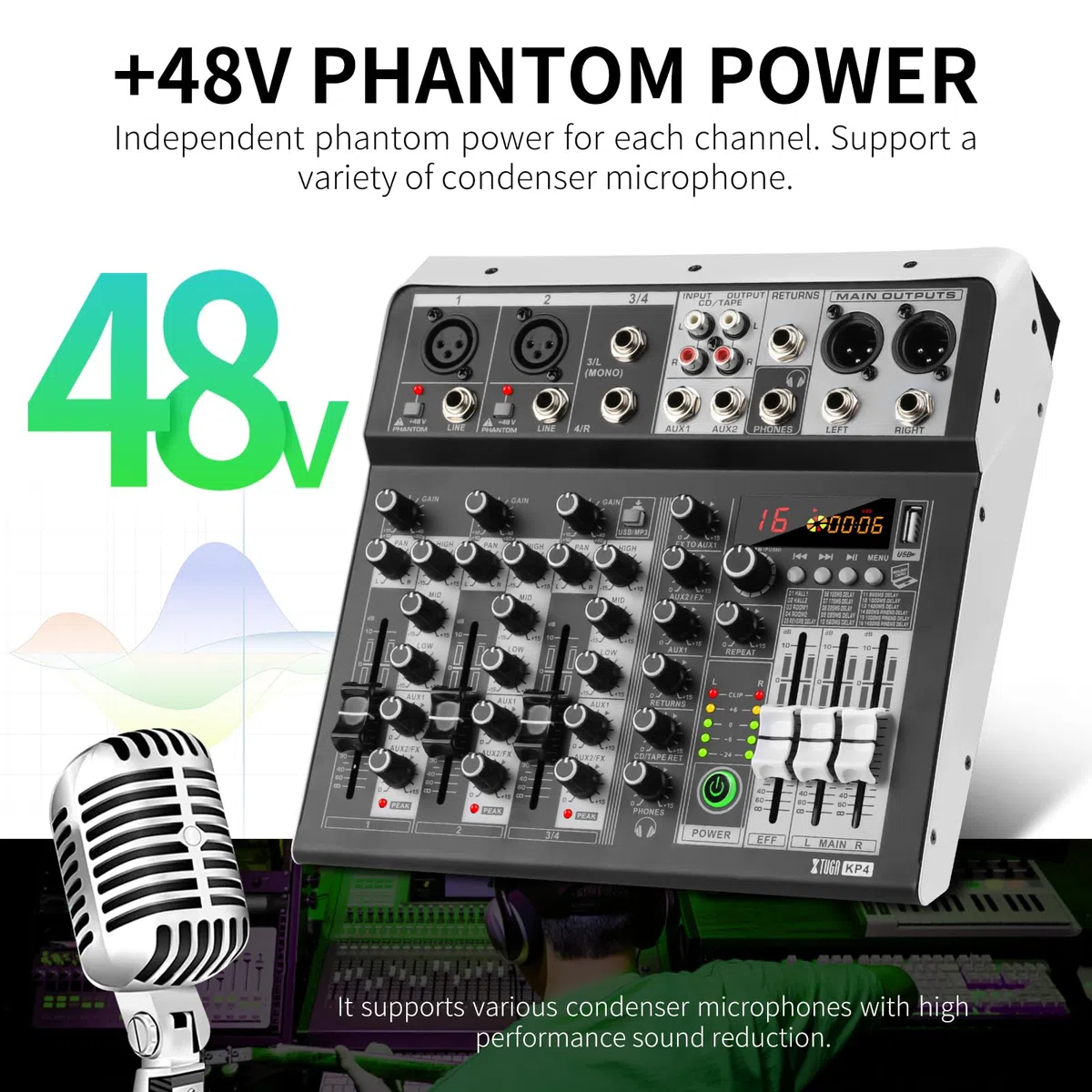 XTUGA Mélangeur Audio 4 Pistes Mélangeur audio Table de Mixage USB professionnel pour enregistrement sur ordinateur, mélangeur de studio avec alimentation fantôme 48 V, mélangeur DJ Bluetooth, KP4