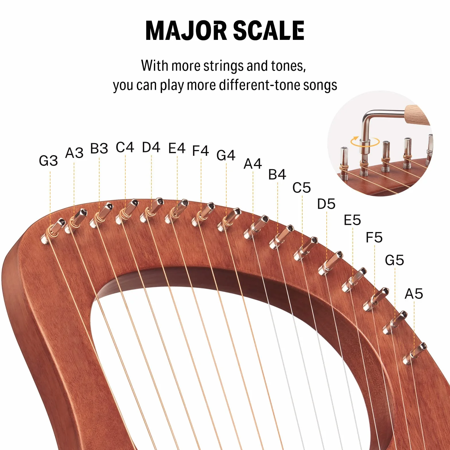 Donner Lyre Harpe Acajou 16 Cordes Métal Selle en os Dans le Style de la Grèce Antique avec Clé de réglage et Housse Noire, DLH-003
