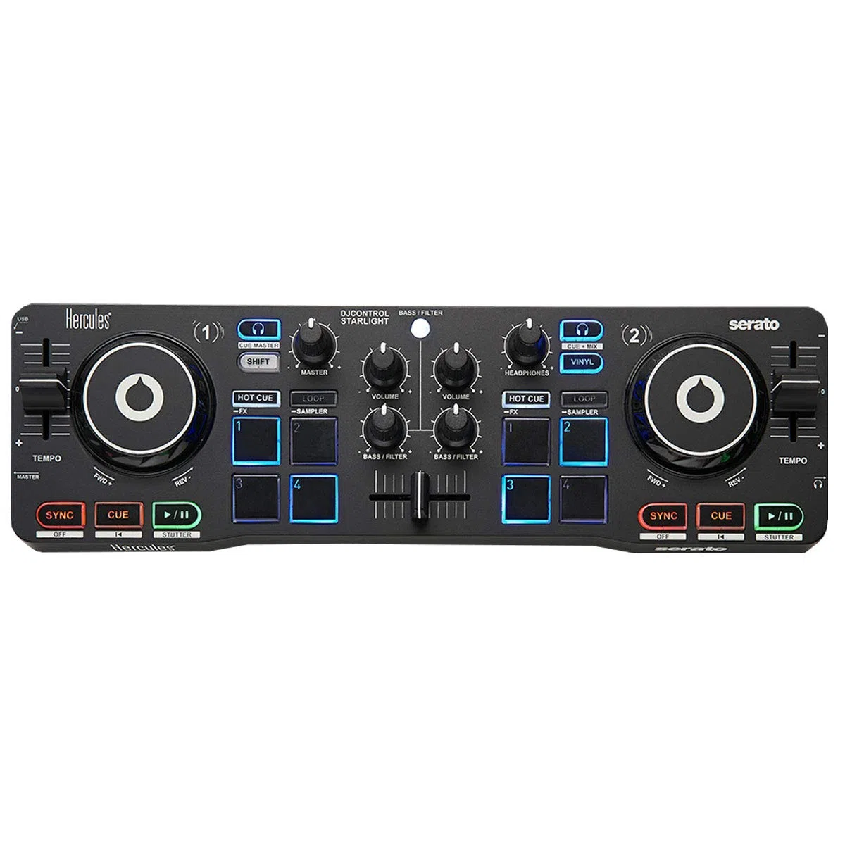 Hercules DJControl Starlight – Contrôleur DJ USB portable et mini à 2 decks avec interface audio et rétroéclairage RGB – Serato DJ Lite inclus – Pour PC & Mac