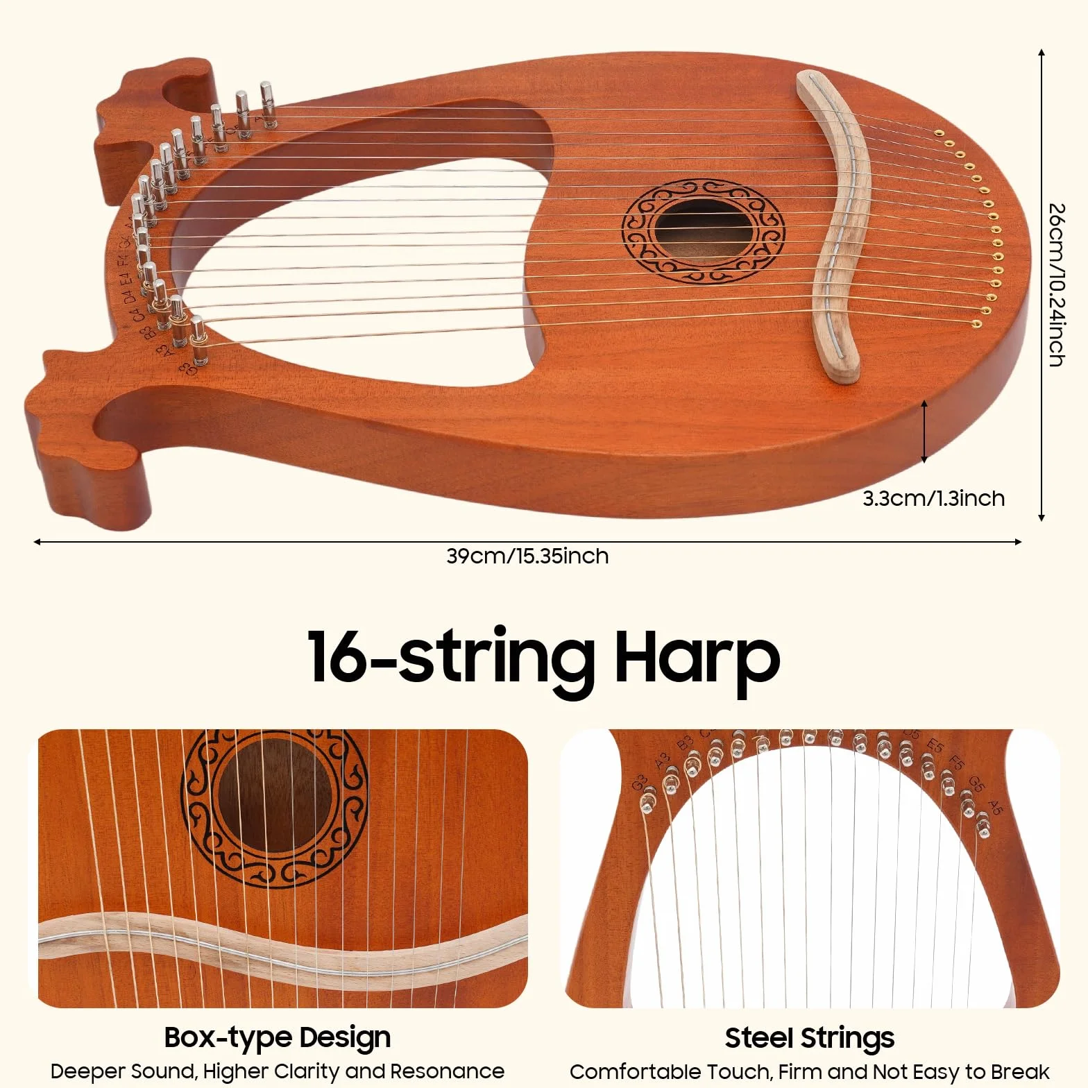 Harpe Lyra Harpe acajou - Pour débutants - Design européen - 16 cordes - Portable - Accordeur pratique - Pour cours de musique et familles - Sécurité - Dimensions : 26 x 3,3 x 39 cm