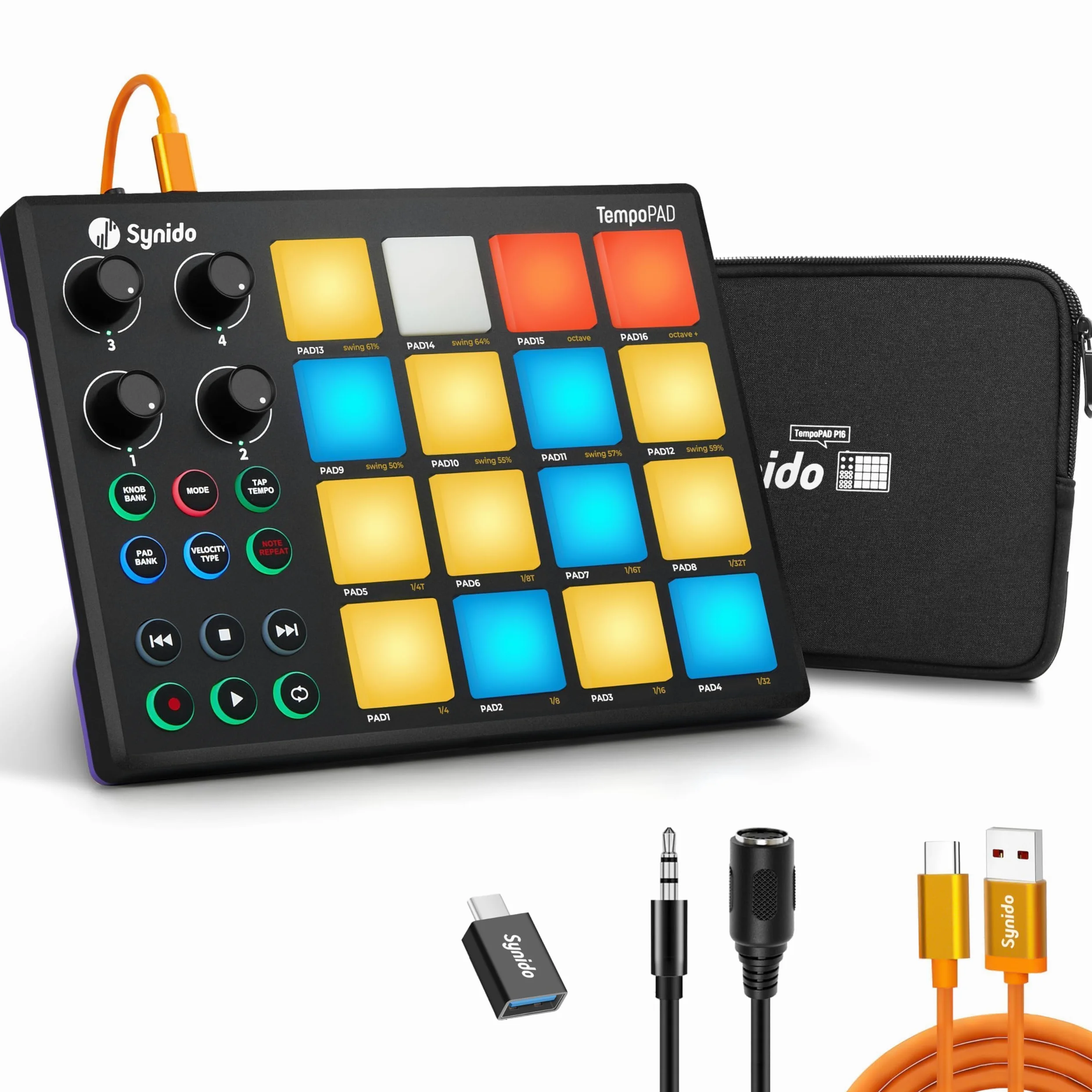 Synido TempoPAD Machine à rythmer pour la production musicale, contrôleur de pad MIDI USB portable pour débutants avec sac de transport durable, 16 coussinets rétroéclairés, 4 assignables