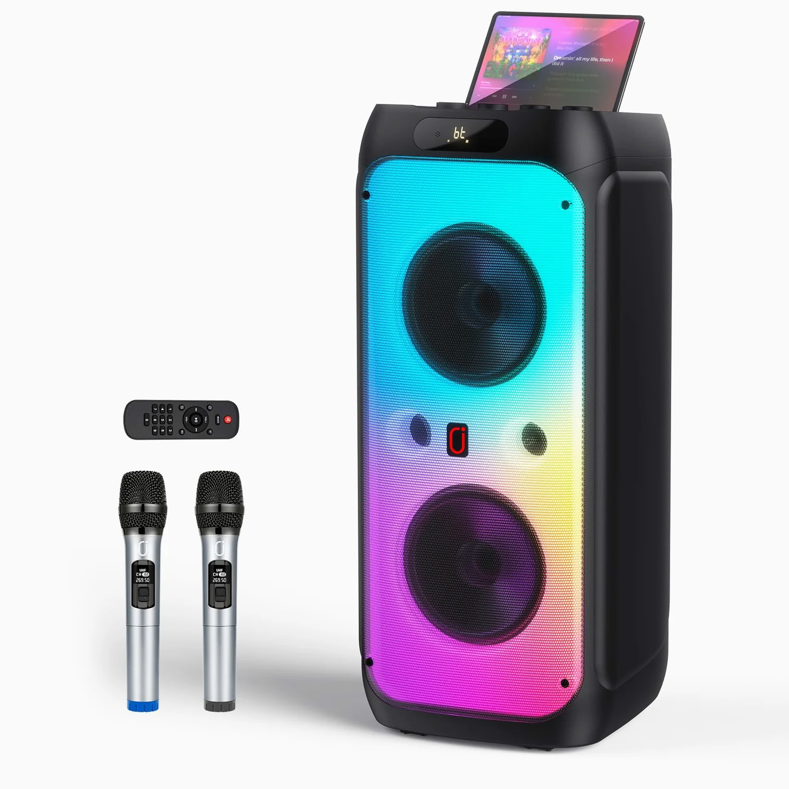 JYX Karaoke Machine with 2 Wireless Microphones for Adults, Karaoké Grand Format, 500W Large Karaoke Full Speaker with Party Lights, Portable Karaoke System Support TWS/AUX/FM/USB/TF Card