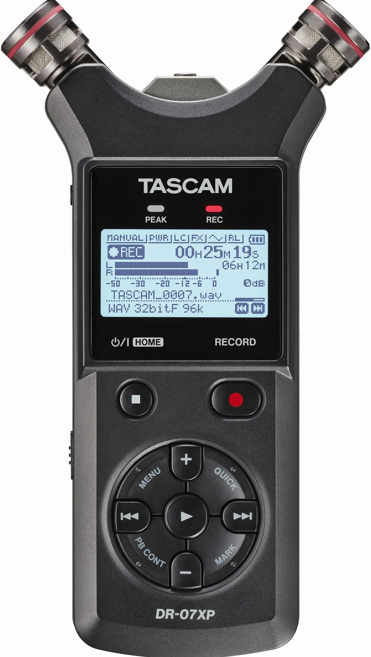 Tascam DR-07XP – Enregistreur portatif à 2 canaux 32 Bits avec Microphones réglables et Interface Audio USB-C