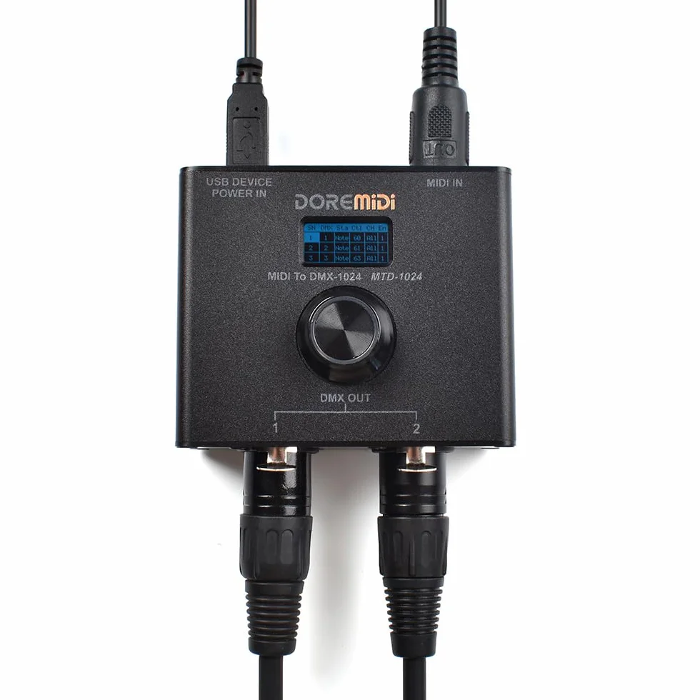 Le contrôleur MIDI vers DMX (MTD-1024) peut convertir des messages MIDI en messages DMX
