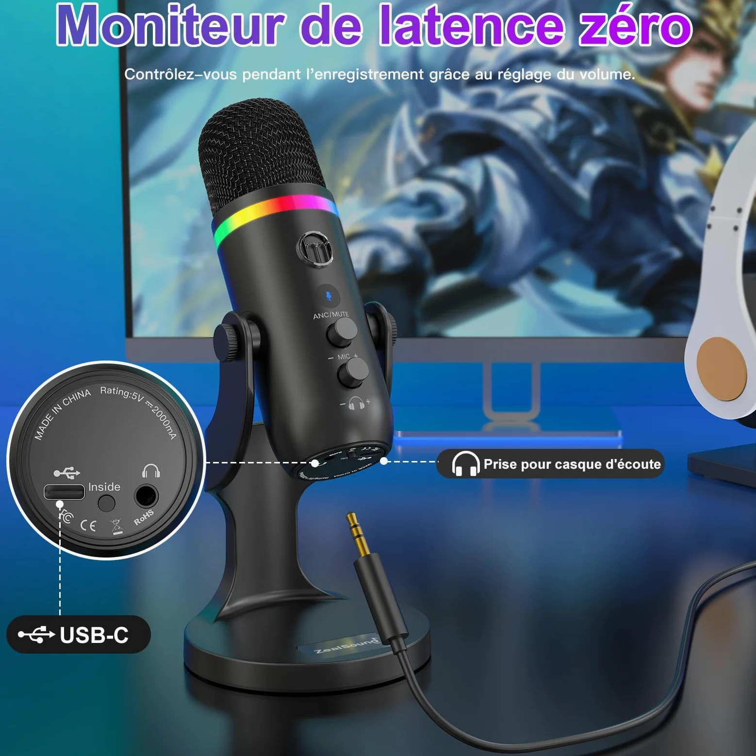 zealsound Microphone USB à Condensateur, Podcast Micro pour PC et Téléphone avec Réduction de Bruit, Mute & Contrôle du Gain, Plug & Play pour Gaming, Streaming, Enregistrement, Zoom, ASMR-K66 Pro