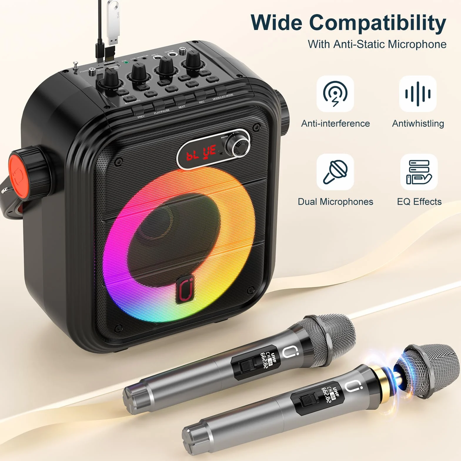 JYX Machine Karaoke avec 2 Micro sans Fil, Enceinte Karaoke Complet avec Lumières de fête, Effets EQ, Portable Système Karaoké Support TWS/AUX/FM/USB/TF Carte