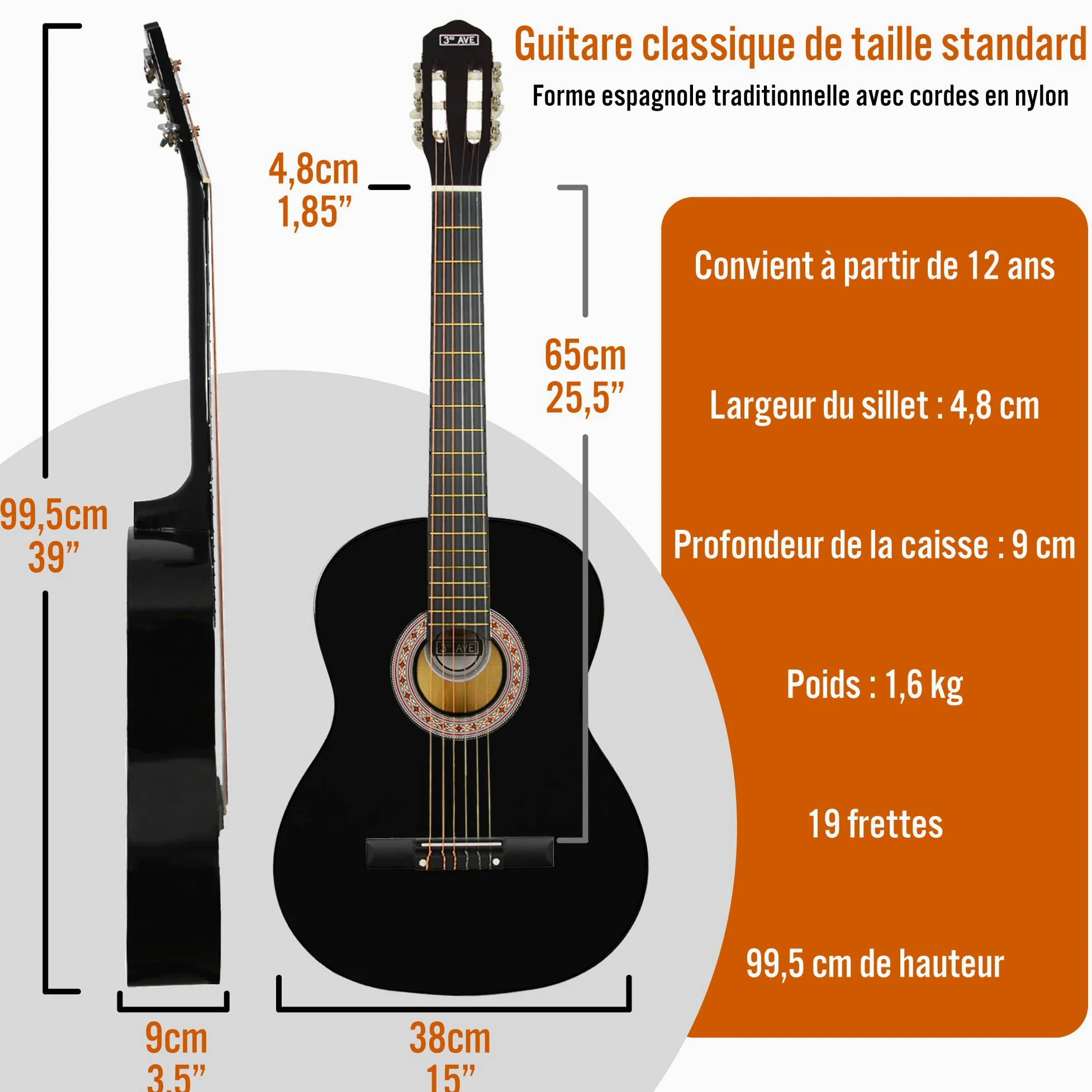 3rd Avenue Guitare Classique 4/4 Pleine Grandeur Avec Cordes En Nylon Espagnol Pour Débutant - 6 Mois De Cours Gratuits, Sac, Cordes - Noir