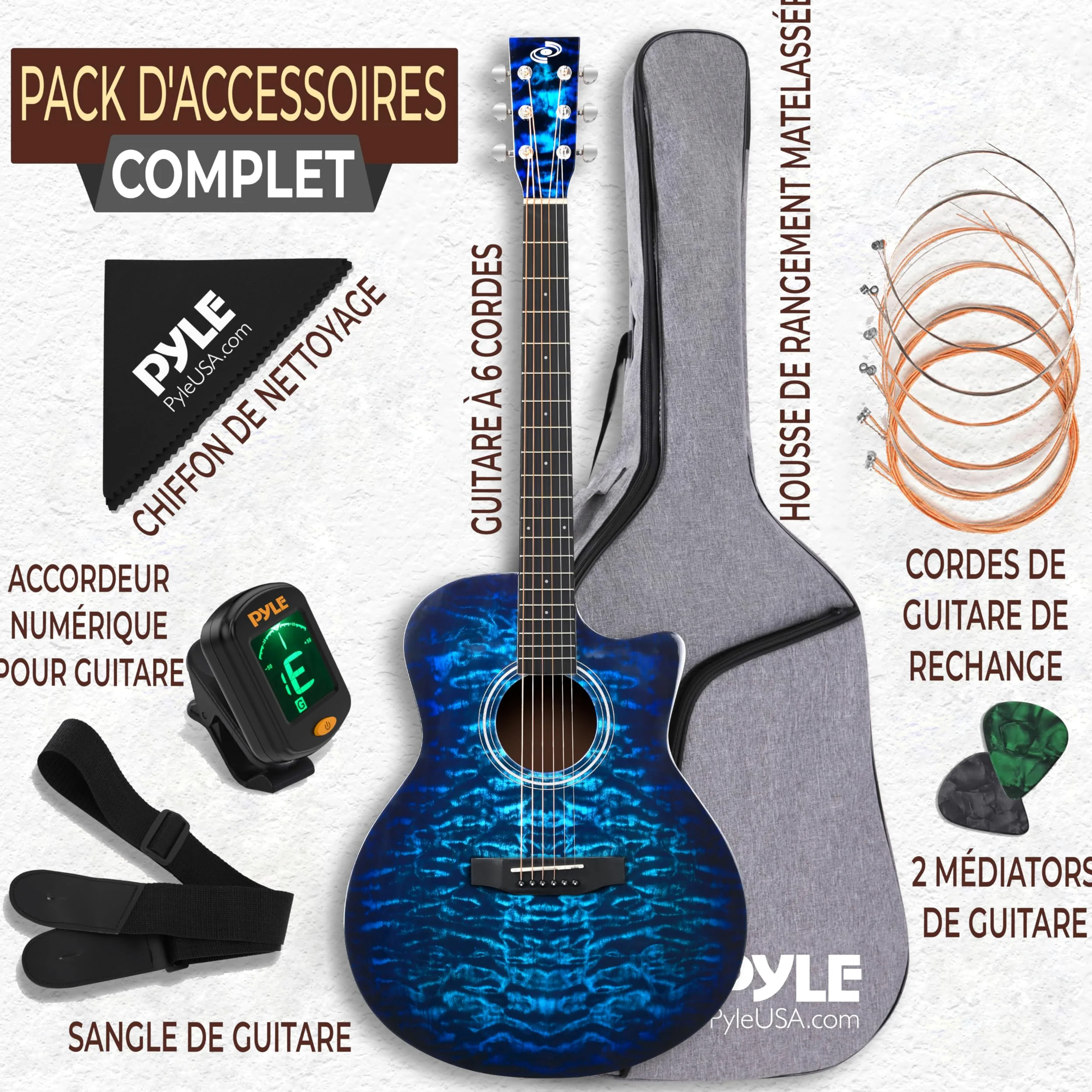 Pyle Blue Ocean Ripple est une guitare acoustique à cordes en acier, dotée d'une table en épicéa massif et d'une finition brillante.Elle est de taille complète et comprend un kit d'accessoires complet