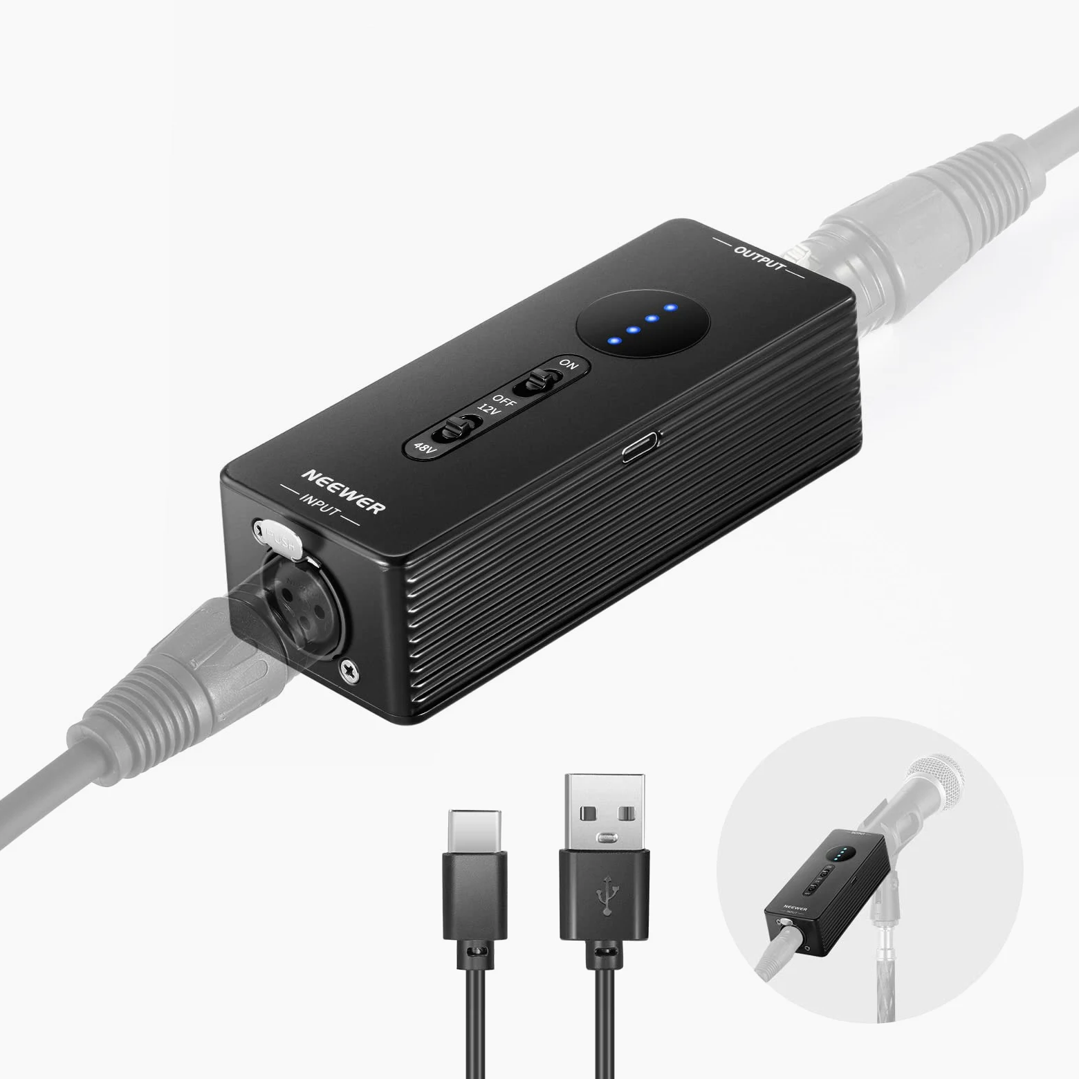 NEEWER Alimentation fantôme Sortie 48V/12V, jusqu'à 40h d'autonomie, Portable, Rechargeable avec câble USB-C pour Micro à condensateur/d'interview, Interface Audio d'extérieur, PP01
