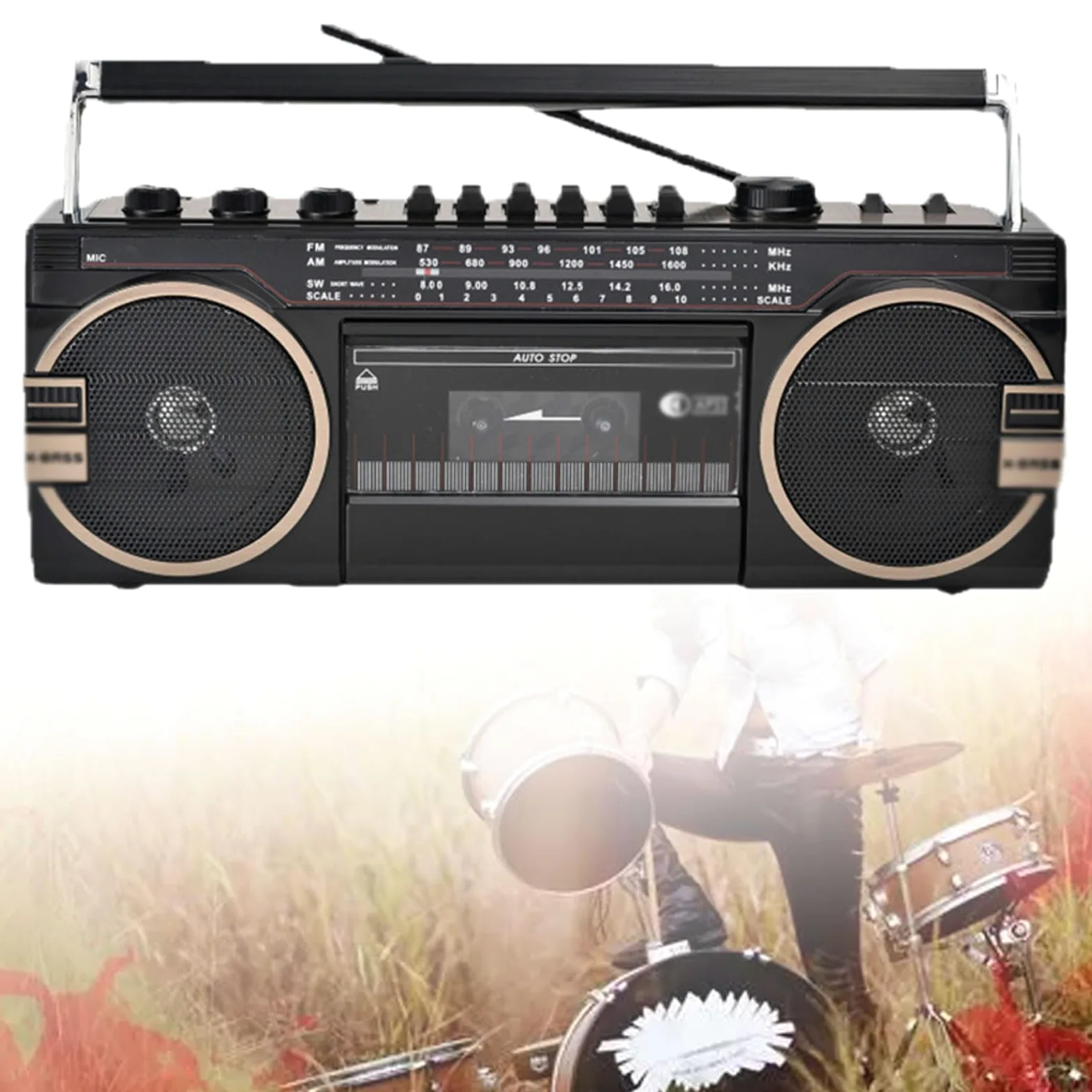 Boombox Bluetooth portable lecteur CD cassette avec connectivité Bluetooth, carte SD/TF/USB/casque de lecture, design vintage pour les réunions de famille et les voyages
