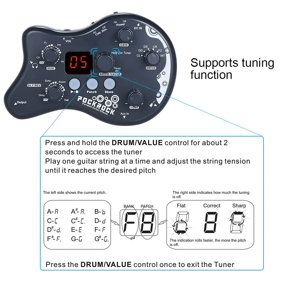 Pédale d’effets pour guitare, processeur multi-effets, 15 types d'effets, 40 fonctions de syntonisation, rythmes de batterie, avec adaptateur d’alimentation