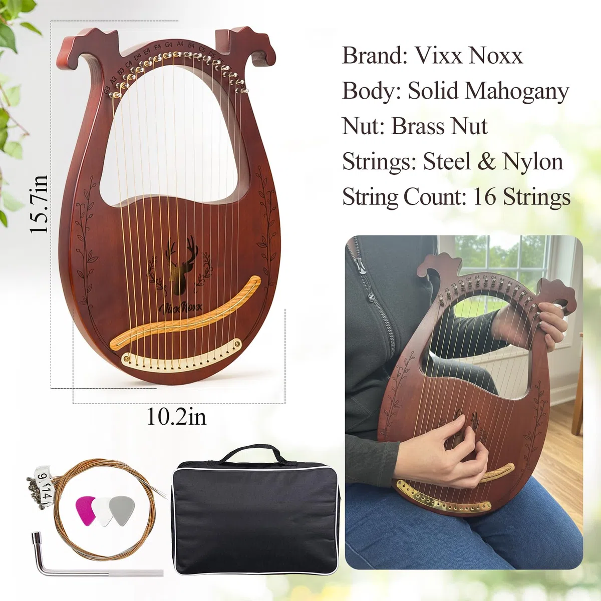 Lyre Harpe 16 cordes en Métal Lyre Instrument de Musique en Acajou avec Clé d'accordage Cordes de Rechange Livre de Musique en Englais Portable Sac, Harp pour Adultes Enfants Débutants