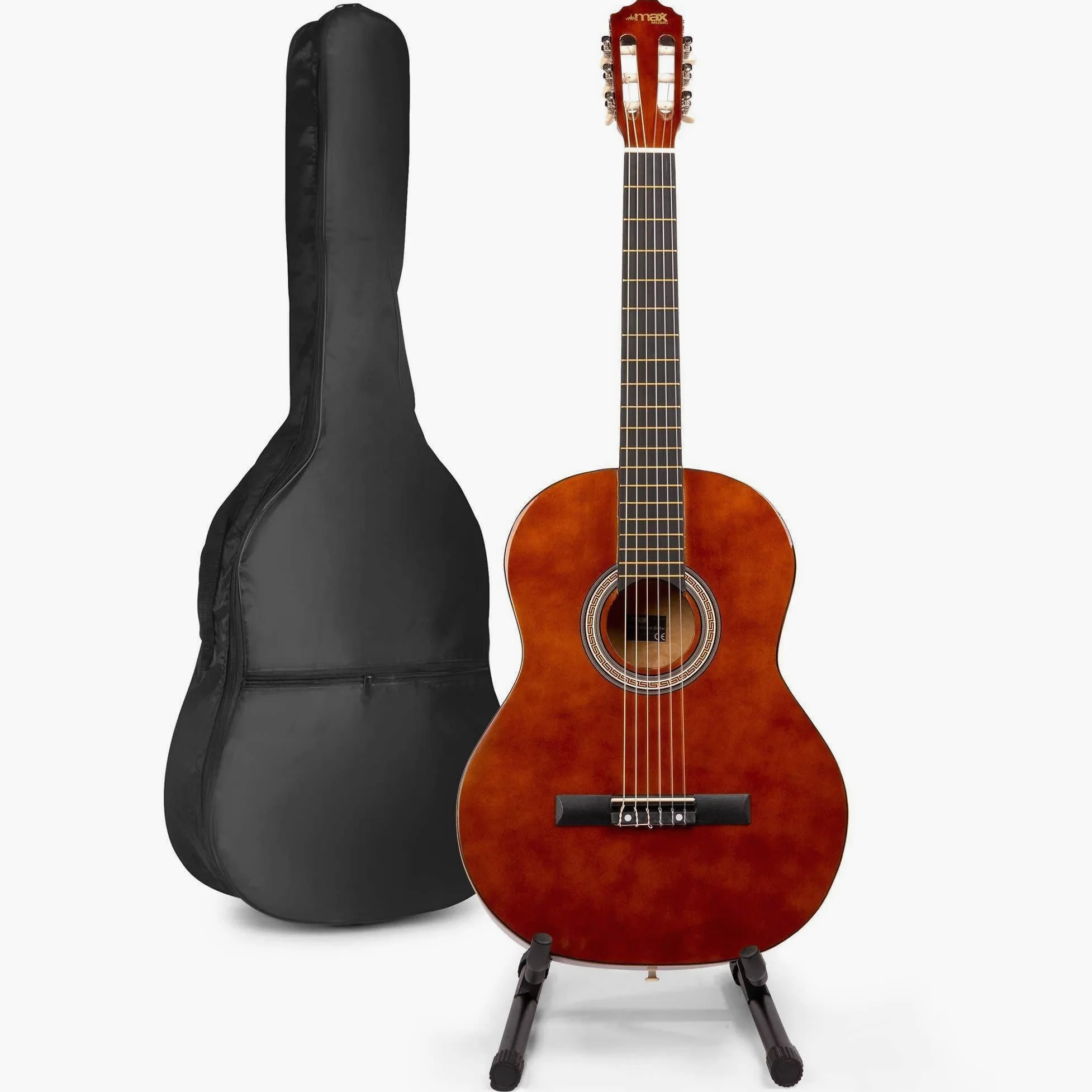 MAX SoloArt Guitare Acoustique Classique avec Support de Guitare - Marron, Idéal pour Débuter la Guitare