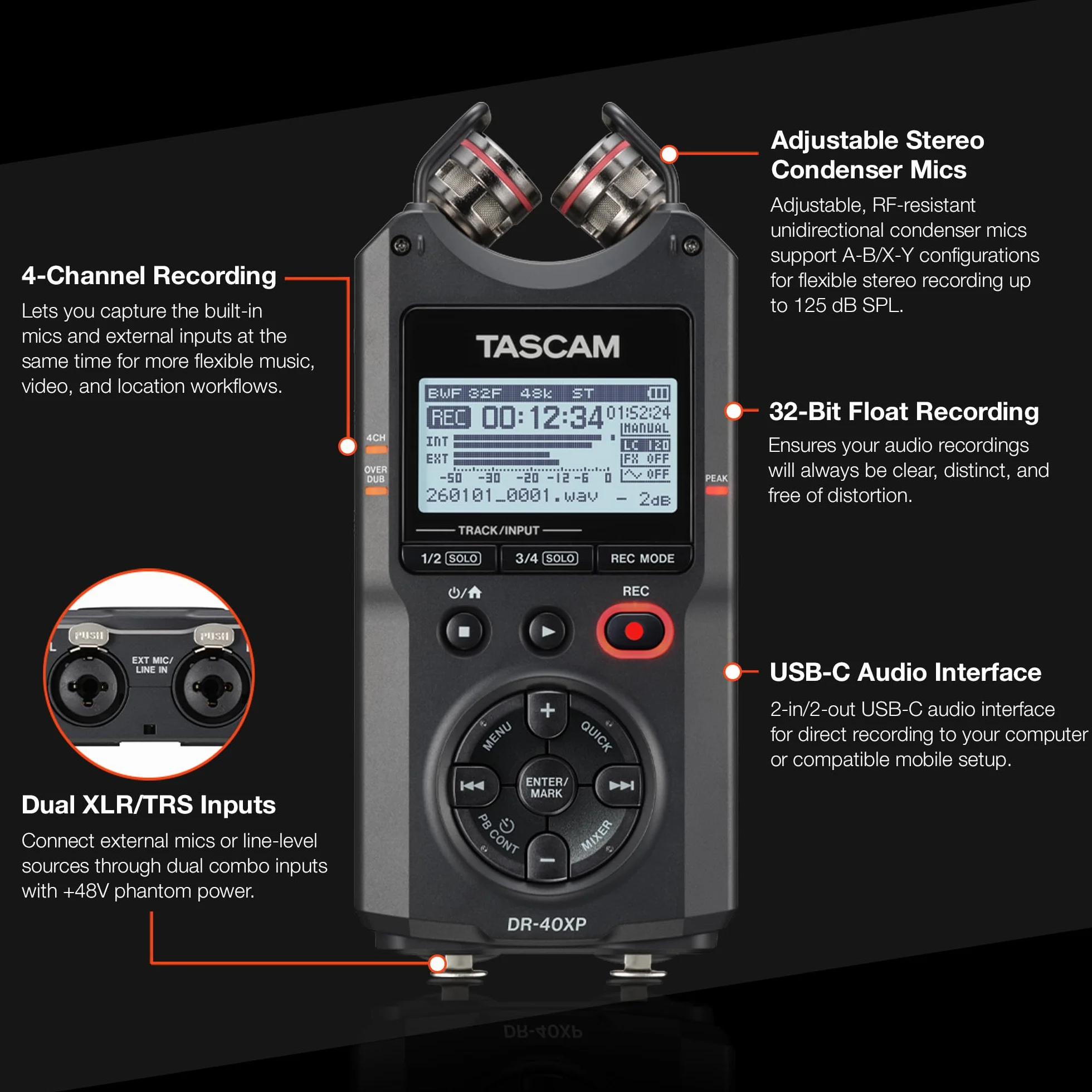 TASCAM DR-40XP Enregistreur de terrain portable 4 canaux 32 bits virgule flottante et interface audio USB-C — avec 2 entrées XLR/TRS et microphones réglables pour la musique, l'audio pour la vidéo et
